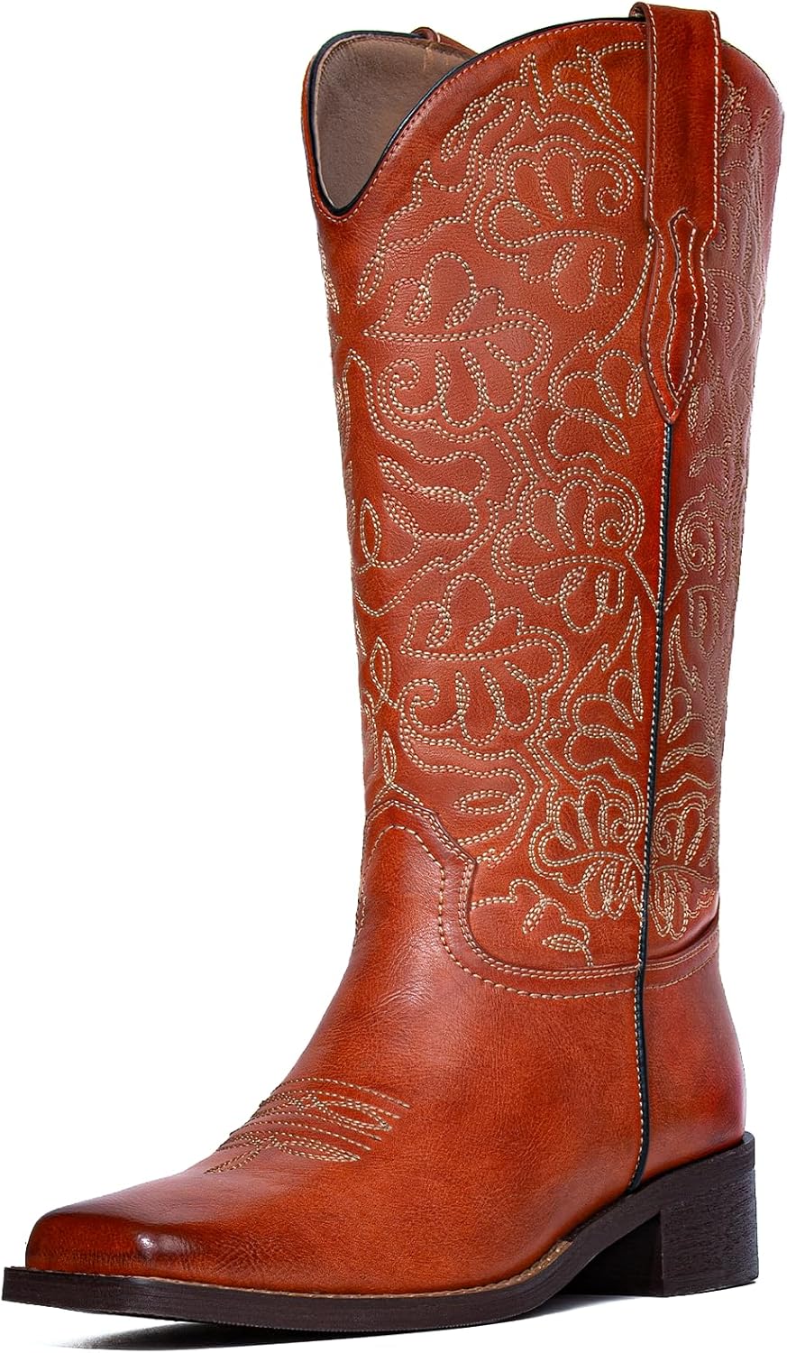Western Cowboy Boots for Women Embroidered Square Toe Pull on Cowgirl Boots Women Chunky Heel Fashion Mid Calf Fall Boots for Country Music Festival