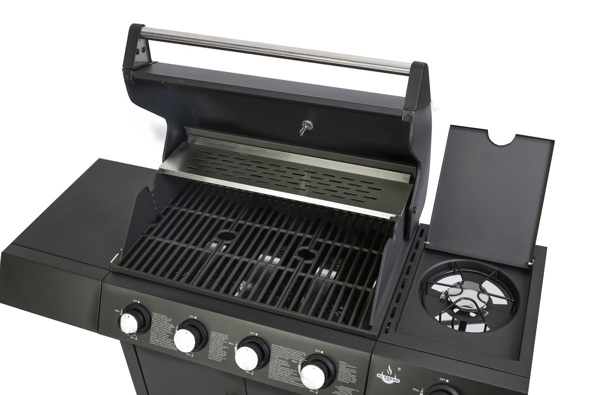 Gasgrill "SAN ANGELO 4+1" von El Fuego® | 4 Hauptbrenner + 1 Seitenbrenner | Edelstahl, inkl. Gasschlauch und Druckminderer | Grill Smoker Grillwagen BBQ | AY 582