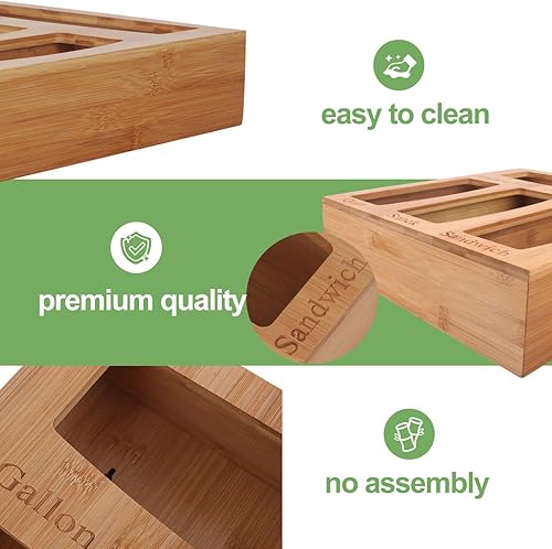 Miniatura 5 de Organizador de bolsas Ziplock de bambú sólido de alta calidad, dispensador de bolsas de almacenamiento de alimentos para cajón de cocina,