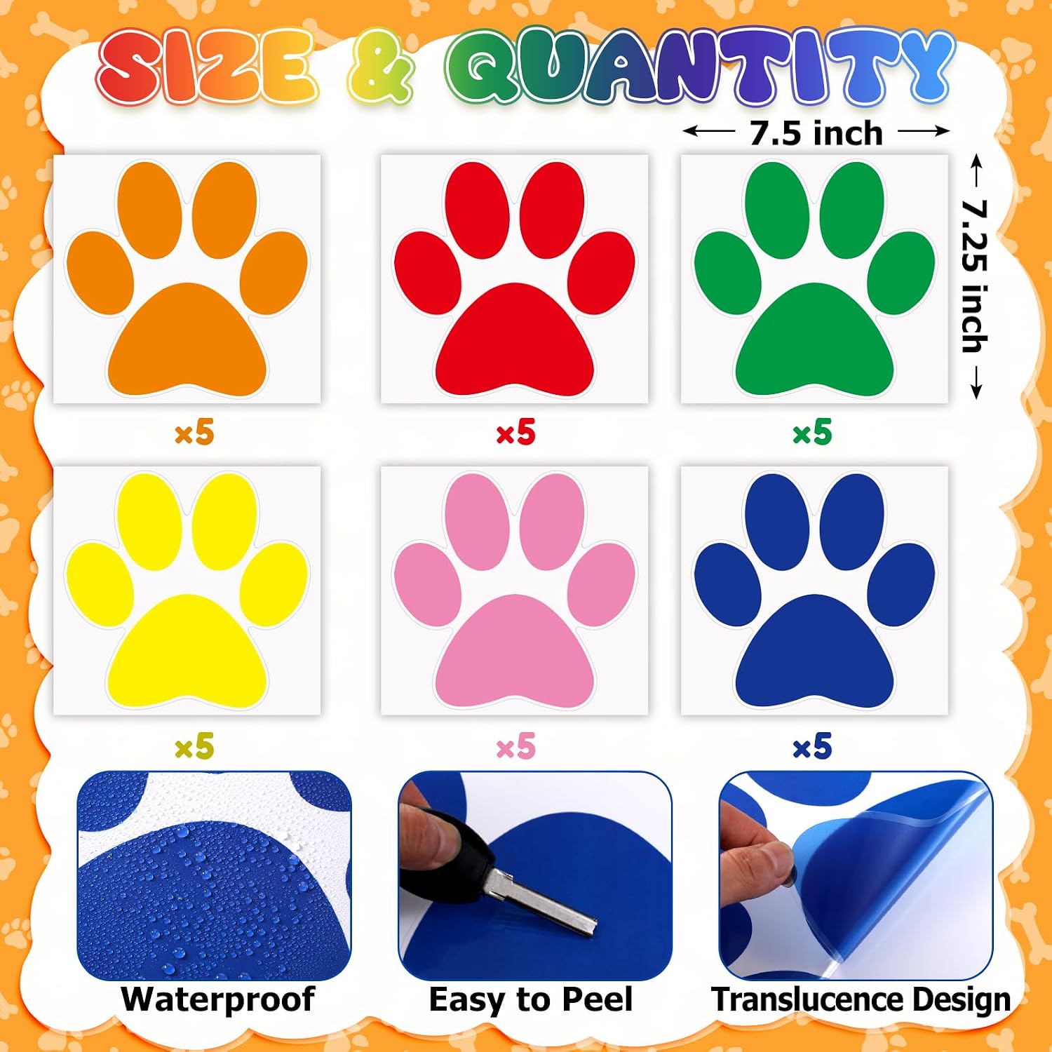ReliThick 30 Pcs Large Paw Print Stickers Floor Decals, Multicolor