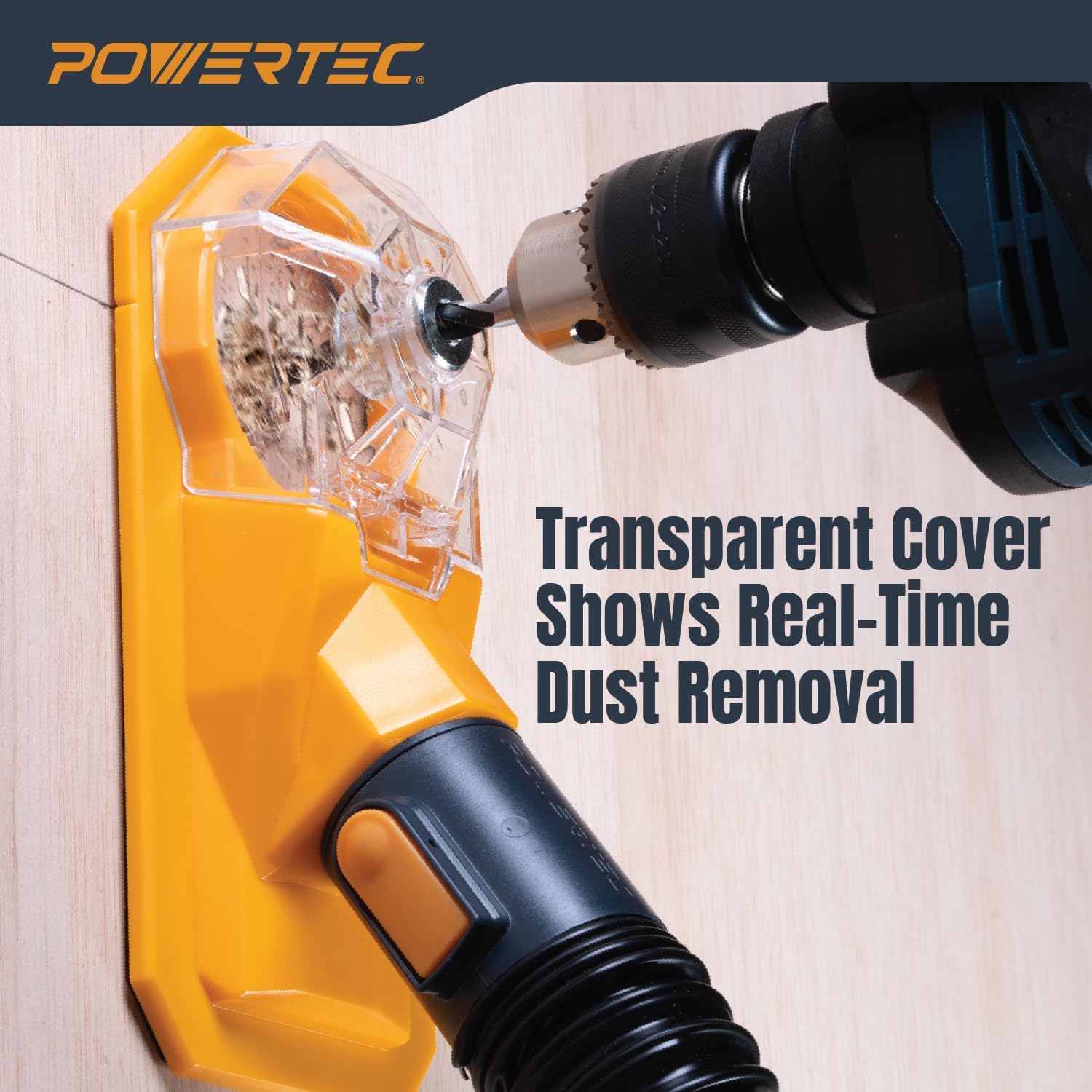 POWERTEC 70496 Drill Dust Collection Base w/Suction Mount & 10' Dust Collection Hose Kit, Drill Base w/ 4 Interchangeable Drill Guide Bushings 1/4", 5/16", 3/8", 1/2" –Supports Hole Size Up to 2-5/8"