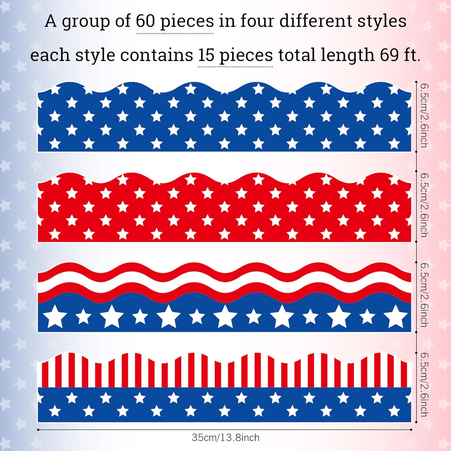 Whaline 69Ft 4th of July Bulletin Board Border 60 Pcs Red Blue White Stars Stripes Border Trim 4 Design Self-Adhesive American Flag Sticker Decal for 250 Anniversary Independence Day Classroom Decor