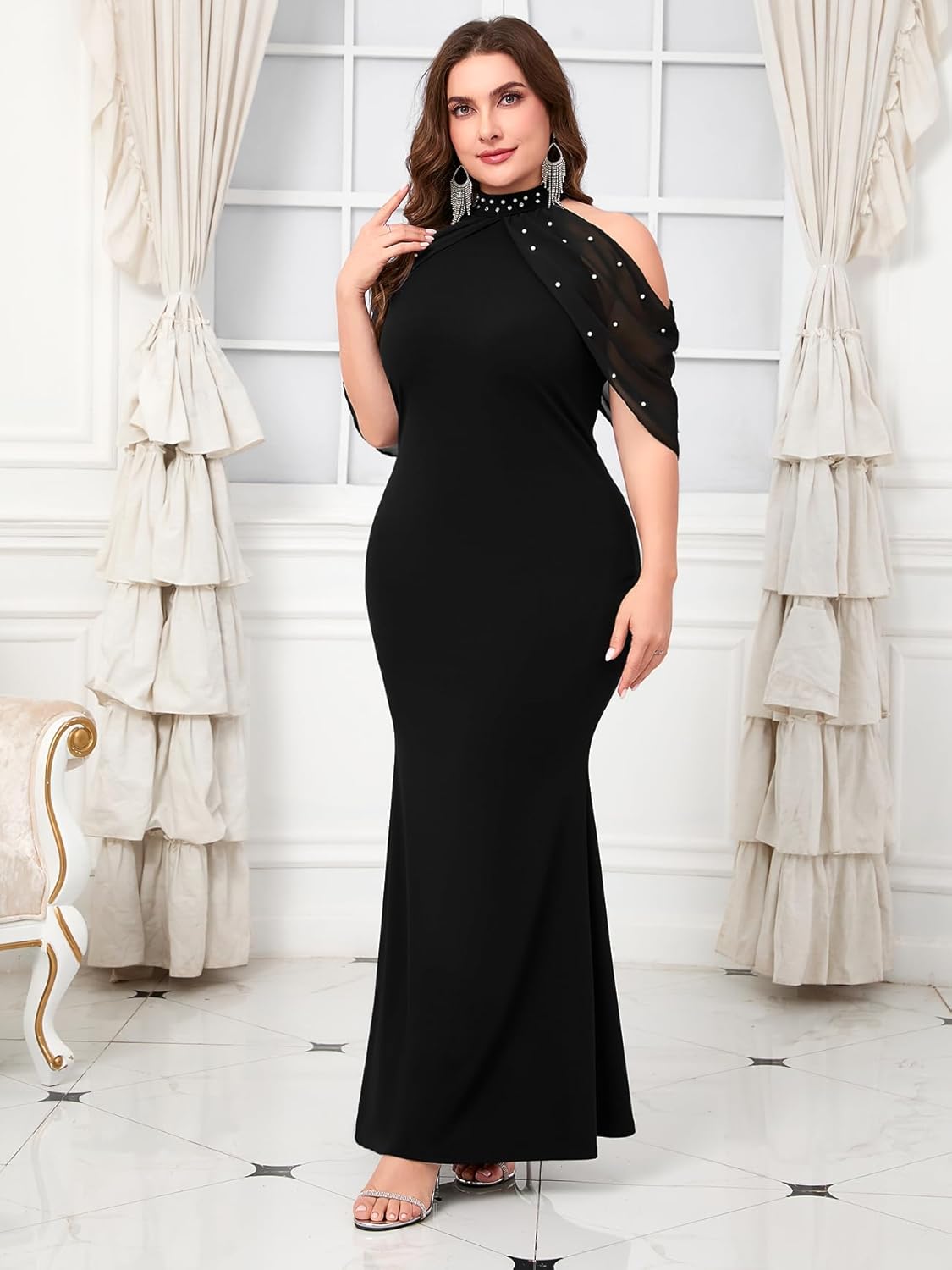 CYCLAMEN Plus Size Evening Gowns with Pearl Rhinestone Cold Shoulder Halter Neck Chiffon Curvy Mermaid Formal Maxi Dress - Image 5