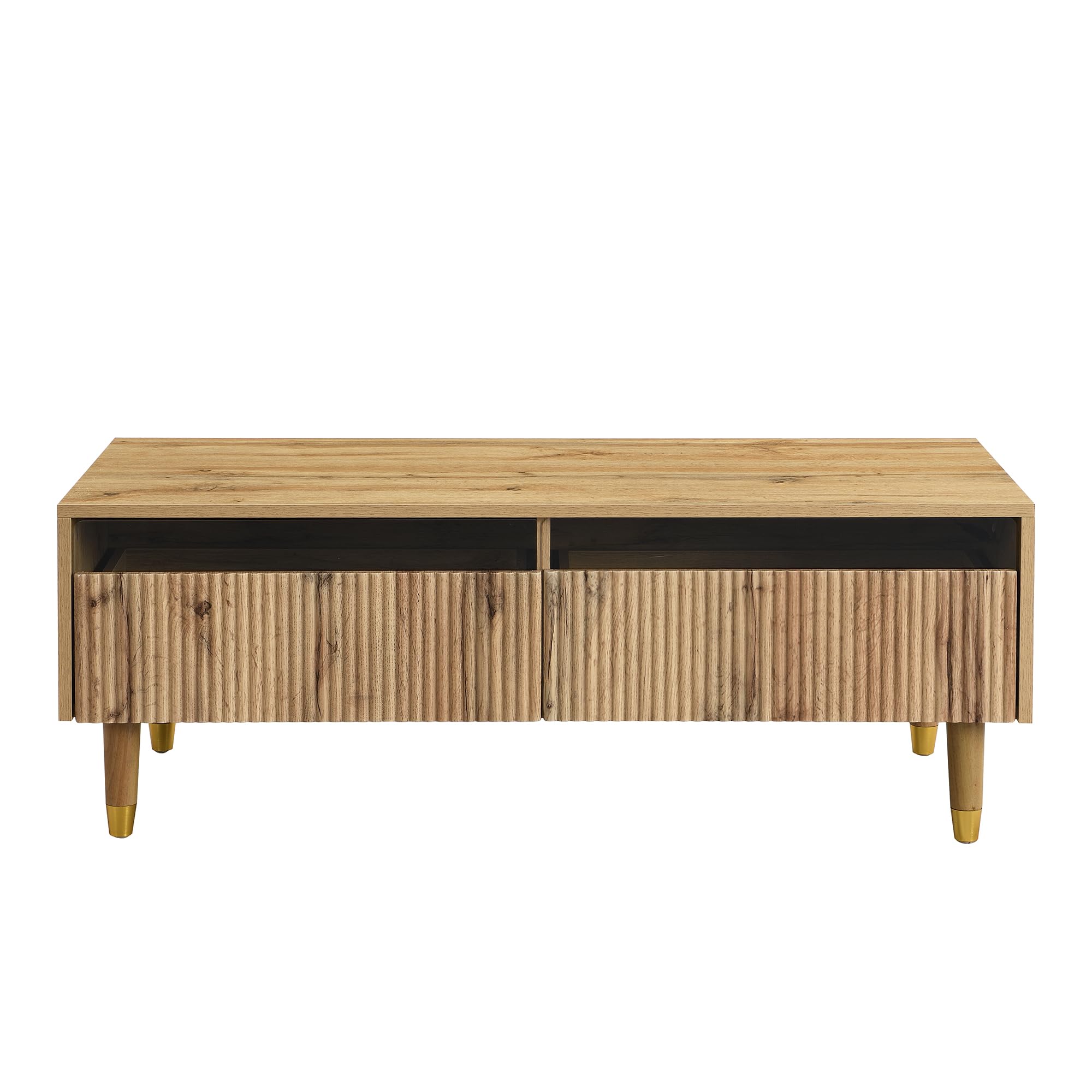 MURUL Mesa de centro moderna con cajón ondulado, patas de madera dorada, dos cajones