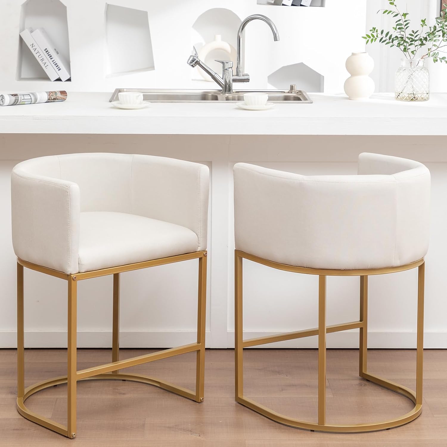 Gold – Juego de 2 taburetes de bar modernos de altura de mostrador de 25 pulgadas de alto con respaldo, taburete de bar tapizado de tela de lino