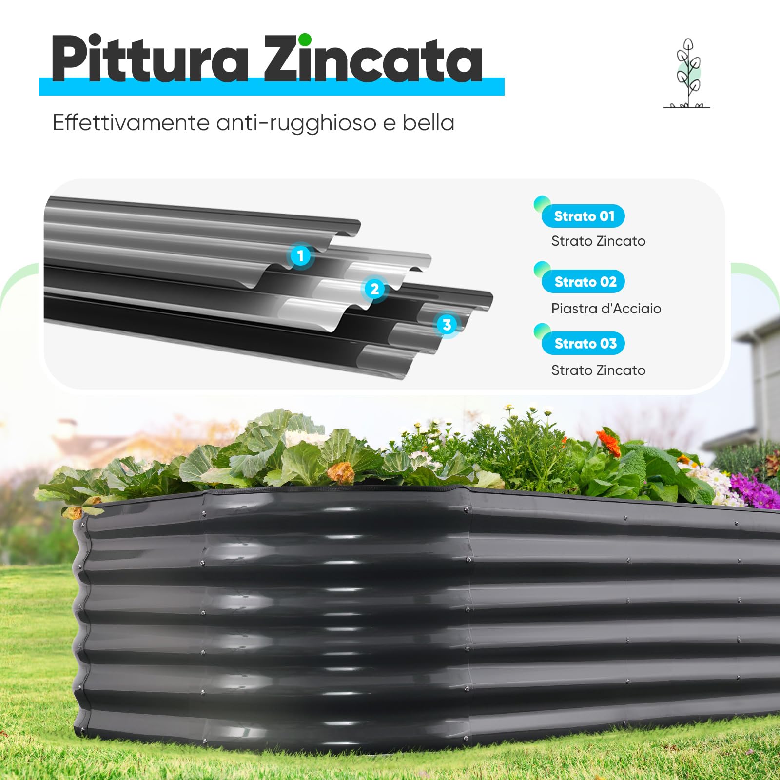 Quictent Kit di Orto RiAlzato Galvanizzato, Fioriera Ovalata in Metallo per Verdure all'Aperto e Giardino, 180x90x45cm