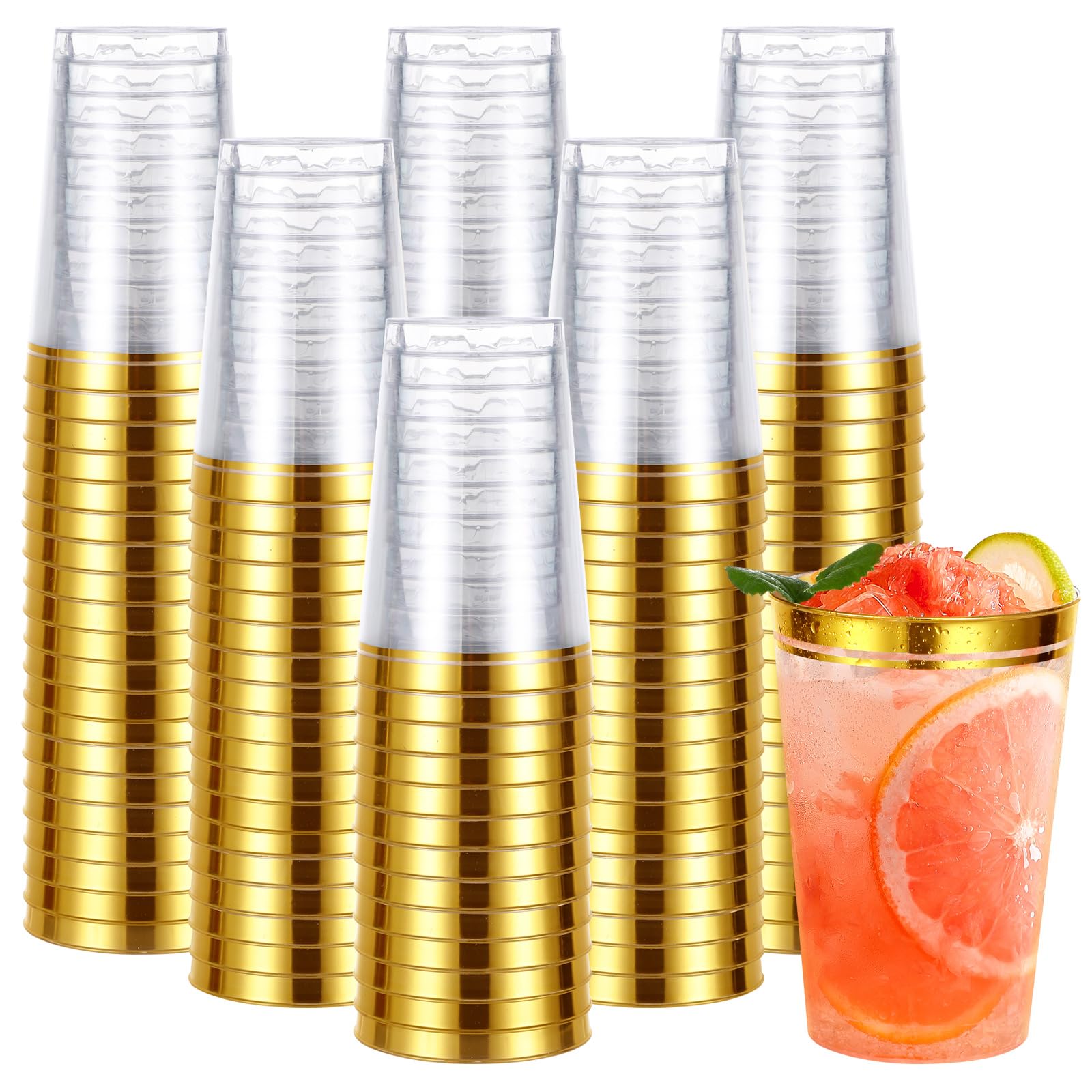 Lot De 50 Gobelets En Plastique Rigide Transparents - Bord Doré, 360 Ml - Réutilisables Pour Fête, Mariage - 6