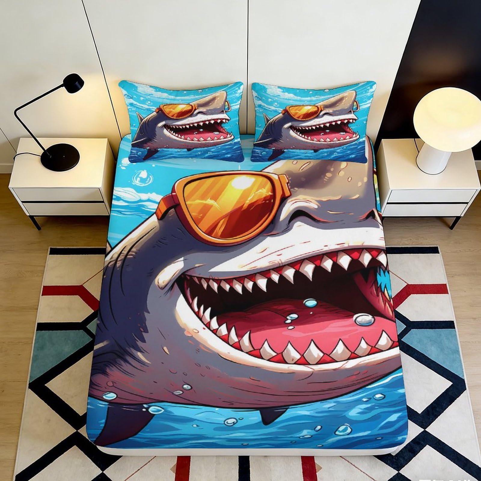 3D Printed Cool Shark Fitted Sheet Microfiber Soft Breathable Sunglasses Shark Bed Sheet for Bedroom Dormitory Guest Room Mattress Protection Decor 200x200x25cm