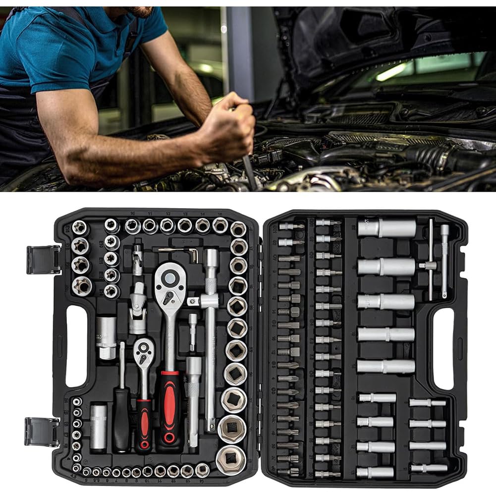 Zestaw narzędzi z grzechotką, 108-częściowy zestaw nasadek mechanicznych, napęd 1/4 i 1/2, szybkie zwalnianie, odwracalne do naprawy samochodów