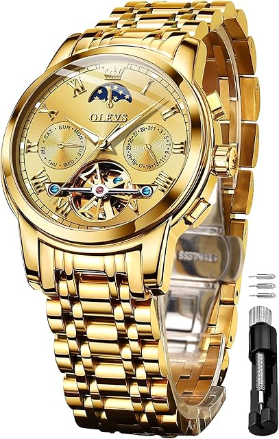 OLEVS Men's Watches Automatic Mechanical Stainless Steel Moon Phase Waterproof Date Luminous Tourbillon Wrist Watch for Man