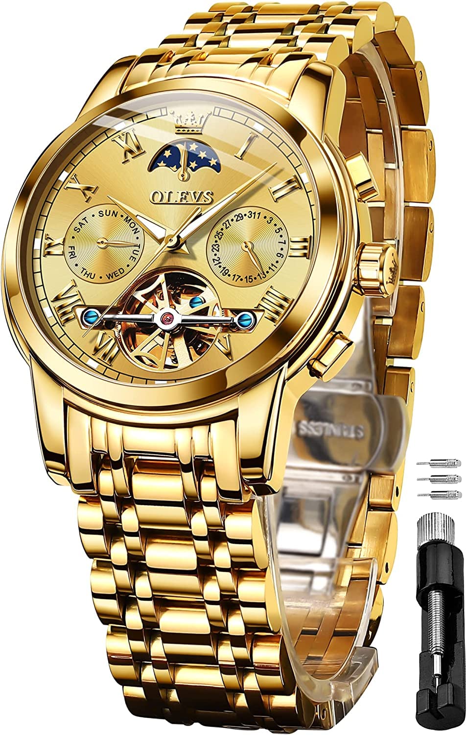 Men's Watches Automatic Mechanical Stainless Steel Moon Phase Waterproof Date Luminous Tourbillon Wrist Watch for Man
