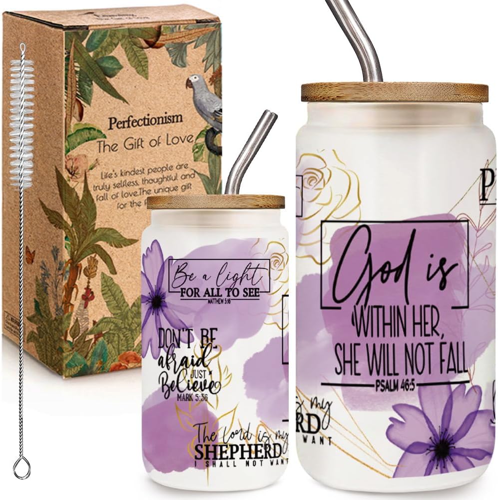 Christian God Is within Her 16oz Glass Cup With Lid Christmas Gifts for Women, Religious Gifts for Women, Christian Coffee Mug, Spiritual Inspirational Gift, Bible Gift, Birthday Christmas Cup for Her