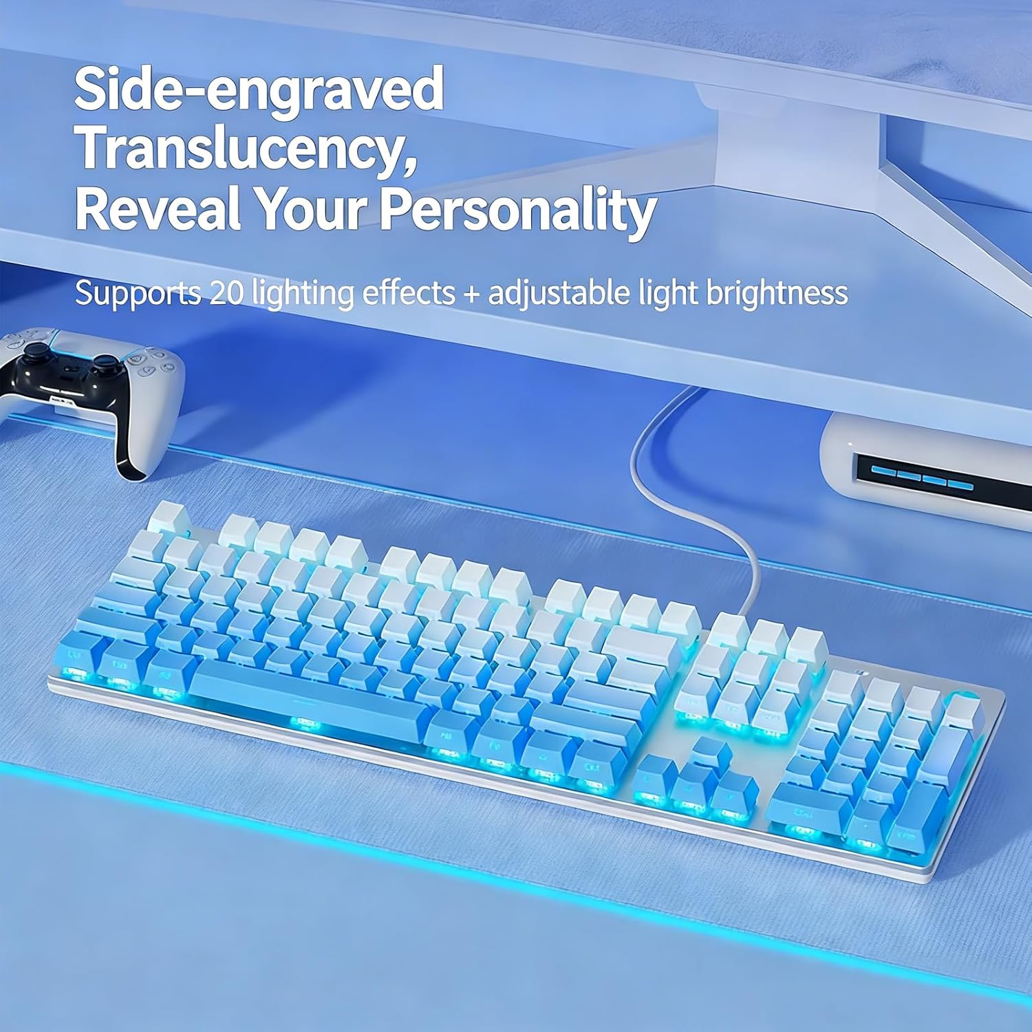 HP GK400F Wired Mechanical Gaming Keyboard, Brown Switch 104 Keys Side-Printed Keycaps, Aluminum Panel Rainbow Backlit, Ergonomic USB Keyboard for PC Desktop Laptop Office Gamer - Gradient Blue