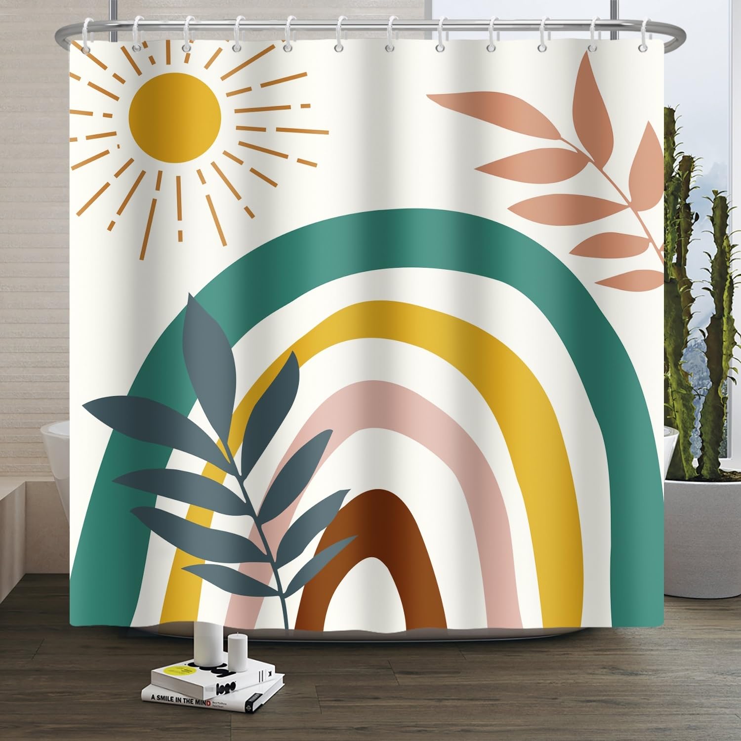 Xiaoterna 180x240cm Boho Shower Curtain Watercolor Geometric Stripes Sun Leaves Waterproof Polyester Bathroom Curtain Modern Minimalist Art Farmhouse Washable Mildew Resistant Bathroom Decoration