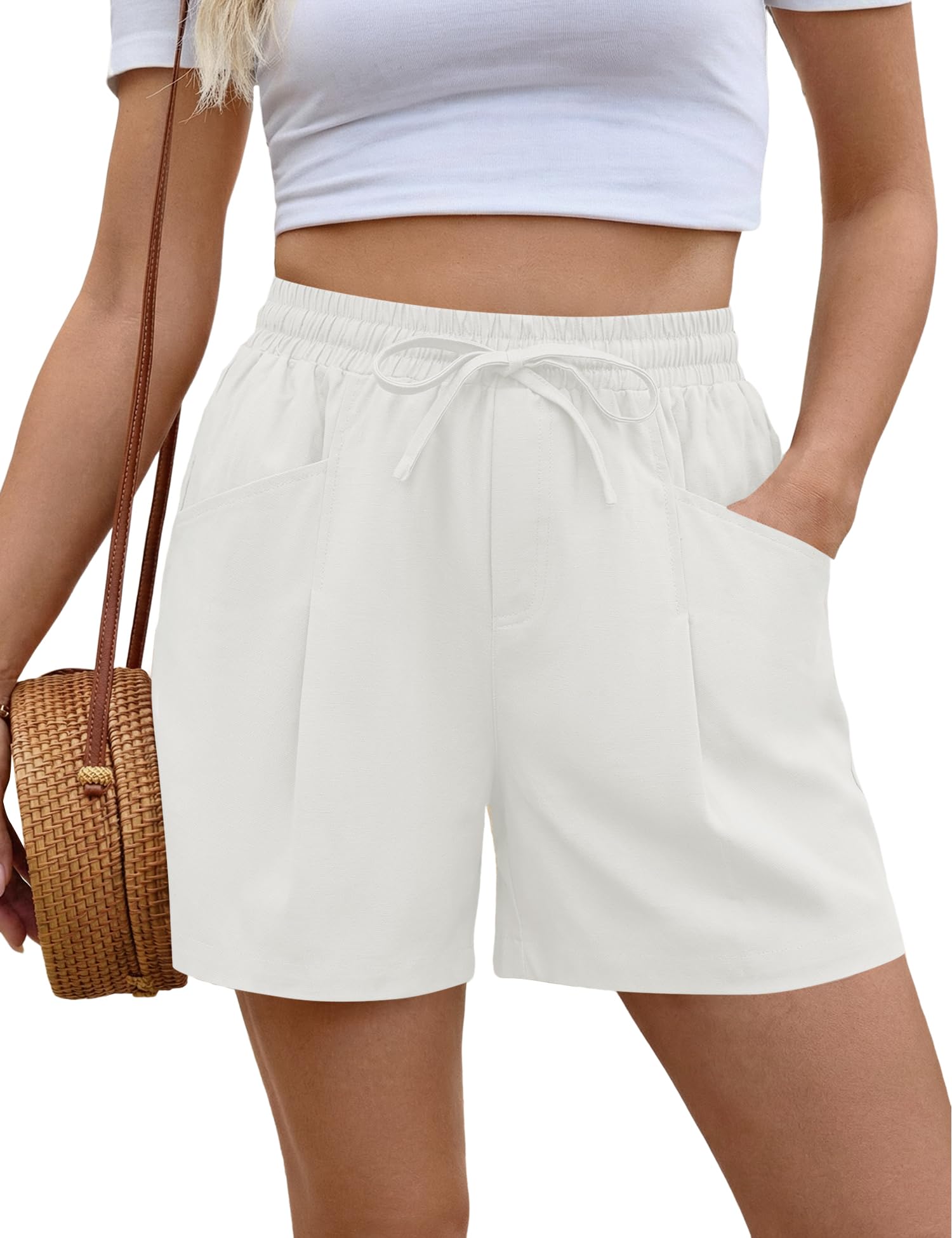 Rapbin Kurze Hose Damen Sommer Leinen Baumwolle Gummizug High Waist Leicht Shorts Leinenhose Sommershorts Damenshorts mit Taschen