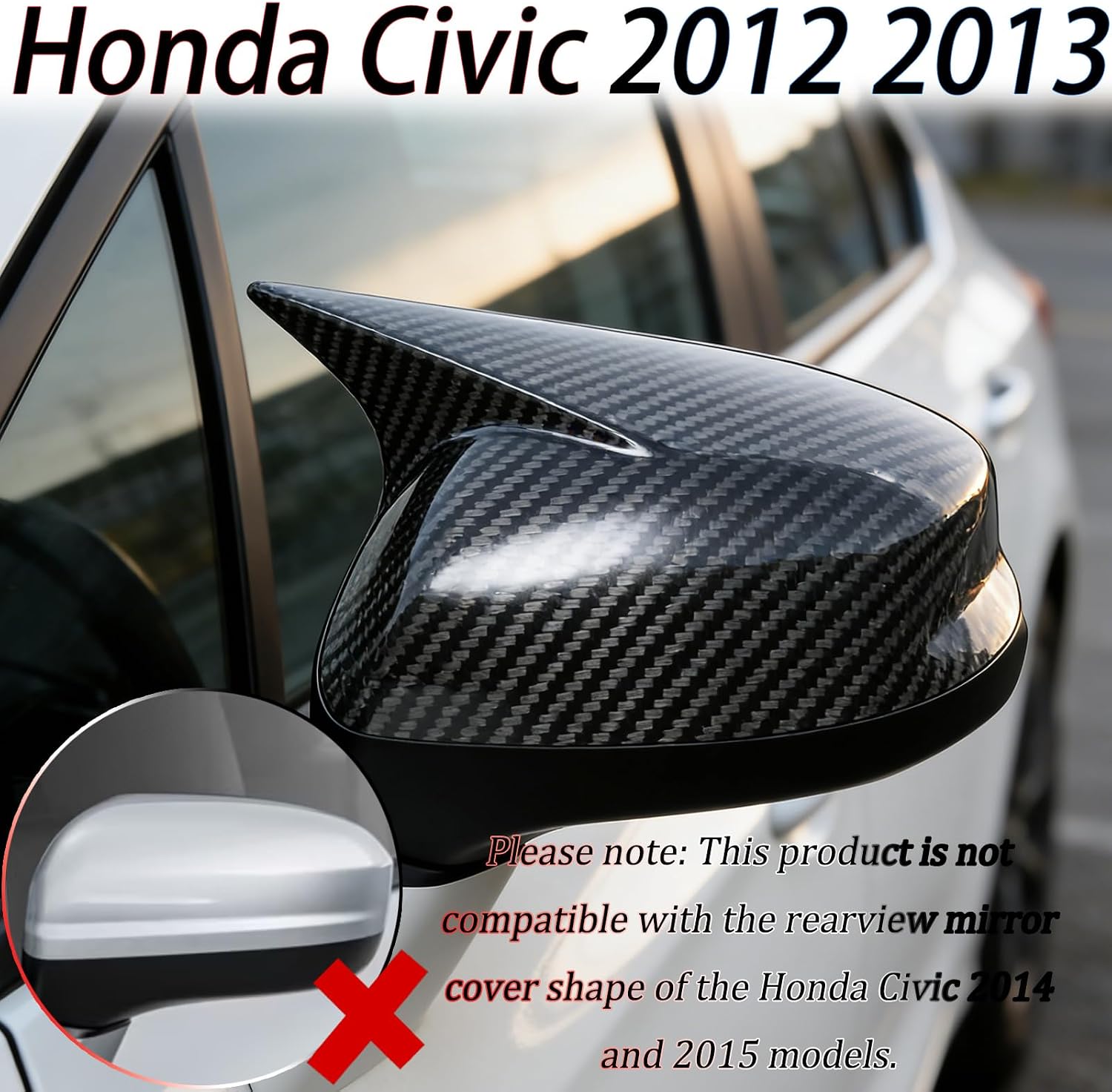 Side Mirror Cover,for Honda Civic 2012 2013,Carbon Fiber Side Rear Mirror Covers Body Kit Accessories for Cars(Without Turn Signal)
