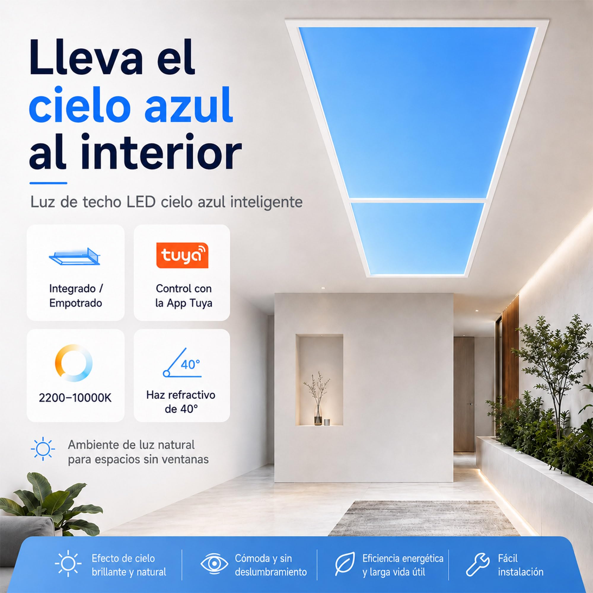 Plafon LED Techo Cielo Azul, Tragaluz Tuya 2200-10000K | Efecto cielo realista, Luz natural suave, Para sótano baño pasillo, Instalación empotrable, 5 tamaños: 30x30 a 60x120cm