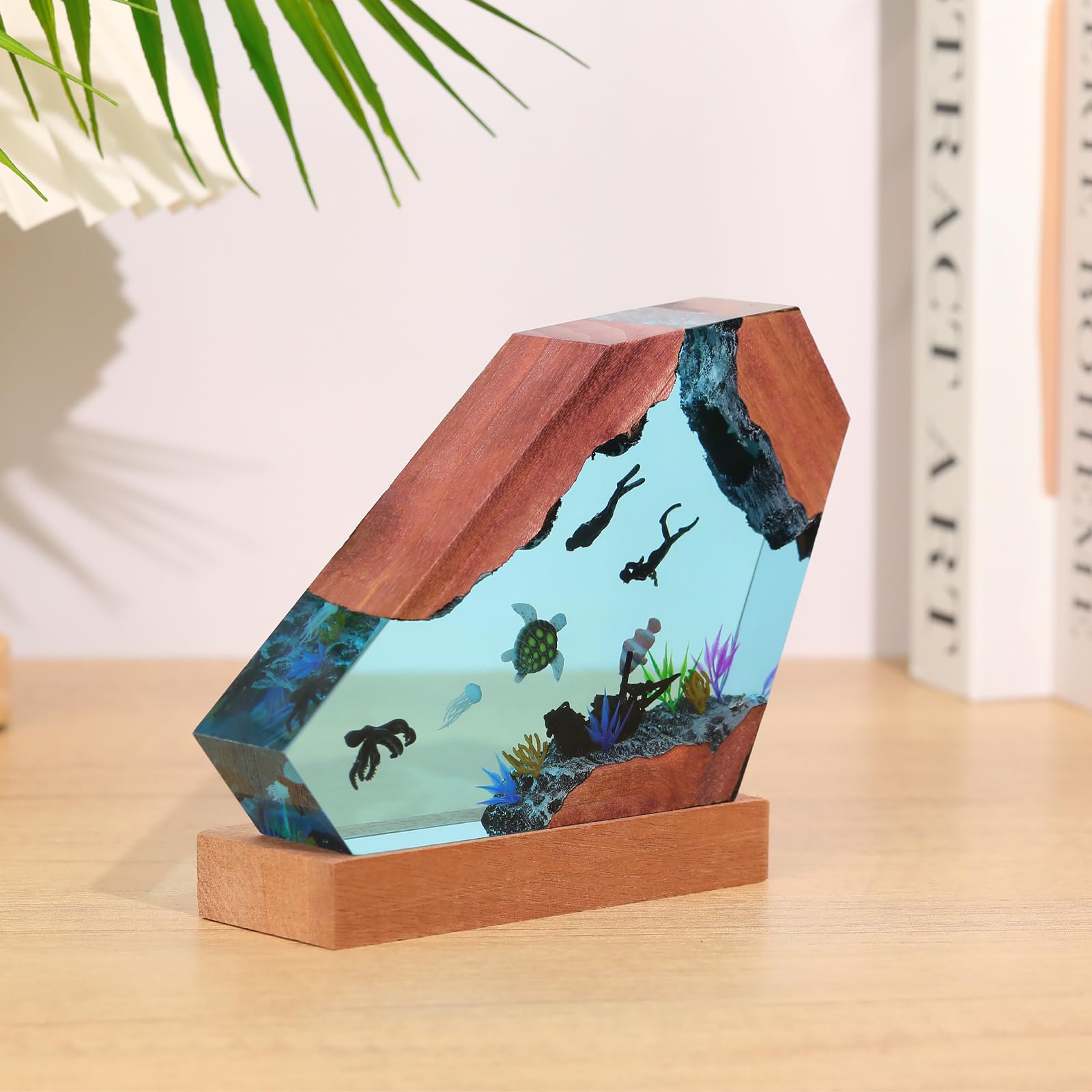 Drawelry Lámpara de Noche Oceánica en Resina Epoxi, Escultura 3D de Animales Marinos Orca Tortuga Ballena con Base de Madera, Luz LED Ambiental para Decoración del Hogar, Regalo Creativo Único (A8)
