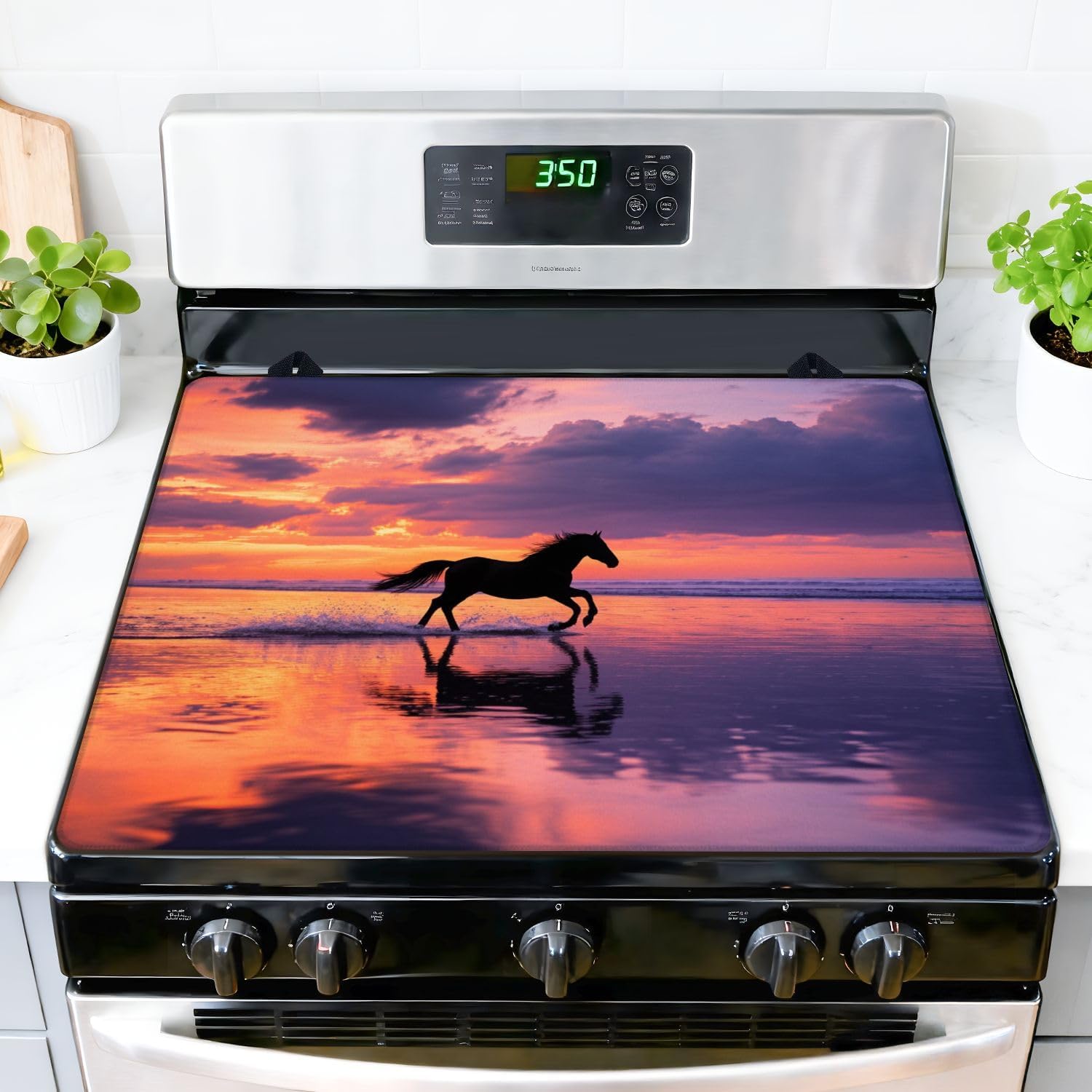 Stove Top Covers for Electric Stove Silhouette Horse Running Beach Sunset Reflections Glass Cooktop Burner Covers Heat Resistant Protector Kitchen Decor Keep Stove Clean 28''x20''