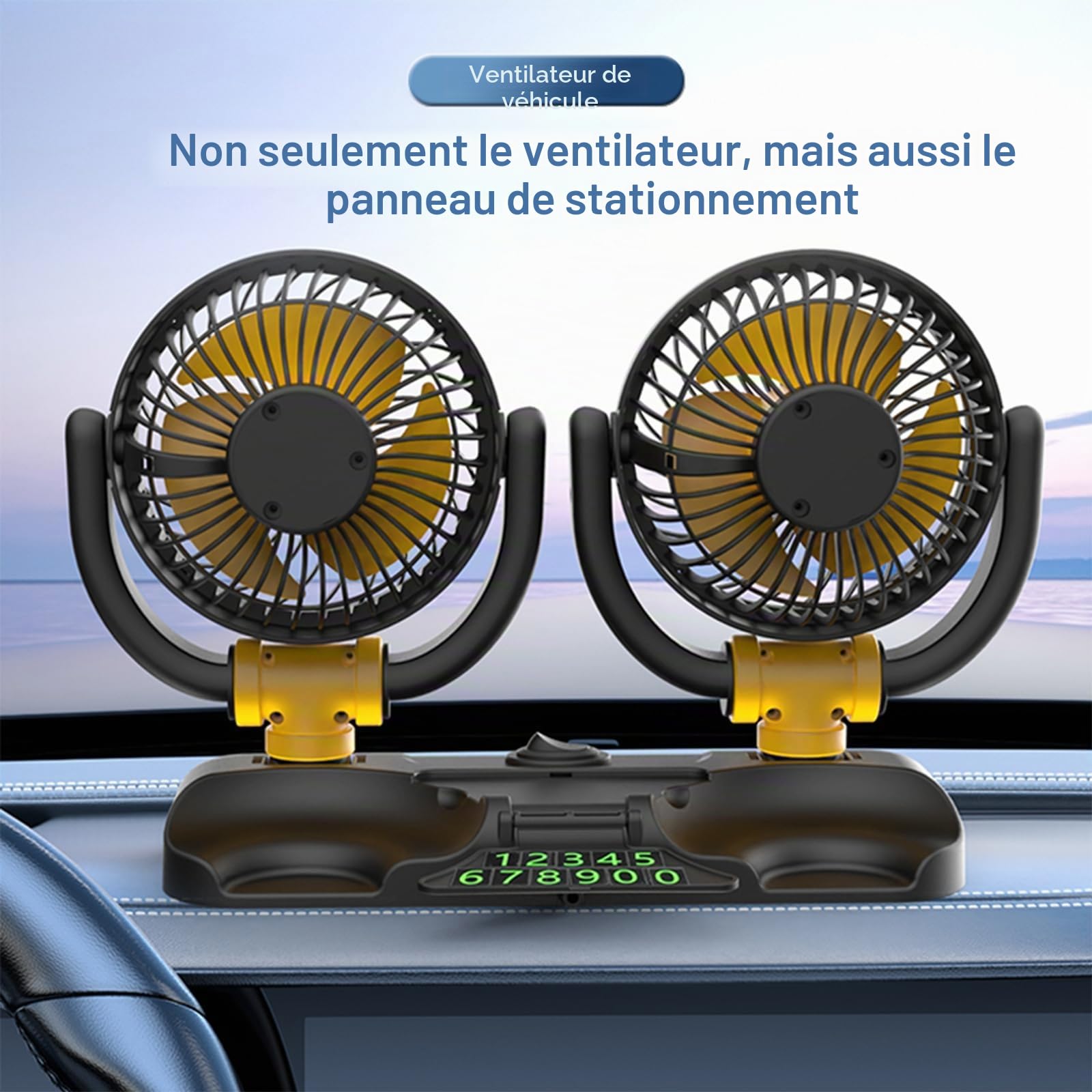Ventilateur de voiture 12 V - Double tête - Rotation à 360° - Avec allume-cigare - Puissant et silencieux - Pour voiture, van, SUV, RV, bateau