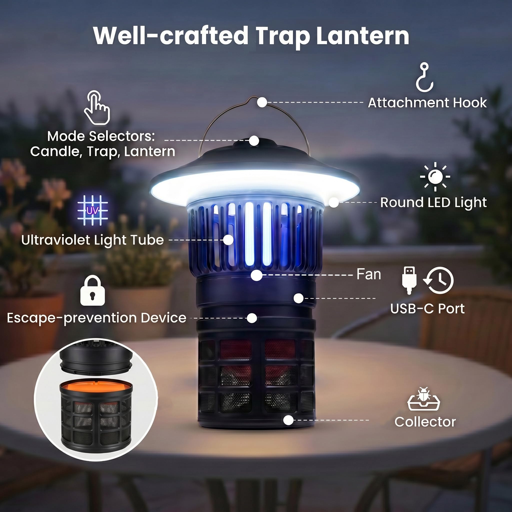 HOMASIS 2 en 1 Lámpara Antimosquitos Exterior con Luz, Captura Moscas Insectos con Ventilador y Batería Recargable de 2000 mAh, Trampa para Mosquitos de Interior y Exterior, Patio, Terraza, Jardín