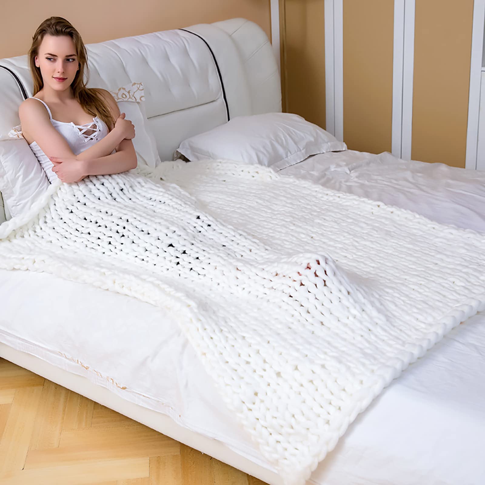 Bigacogo Coperta a maglia grossa, 129,5 x 160 cm, in 100% ciniglia lavorata a mano, grande, morbida e spessa, grande coperta con nodo in corda all' uncinetto, per divano, letto, divano (beige