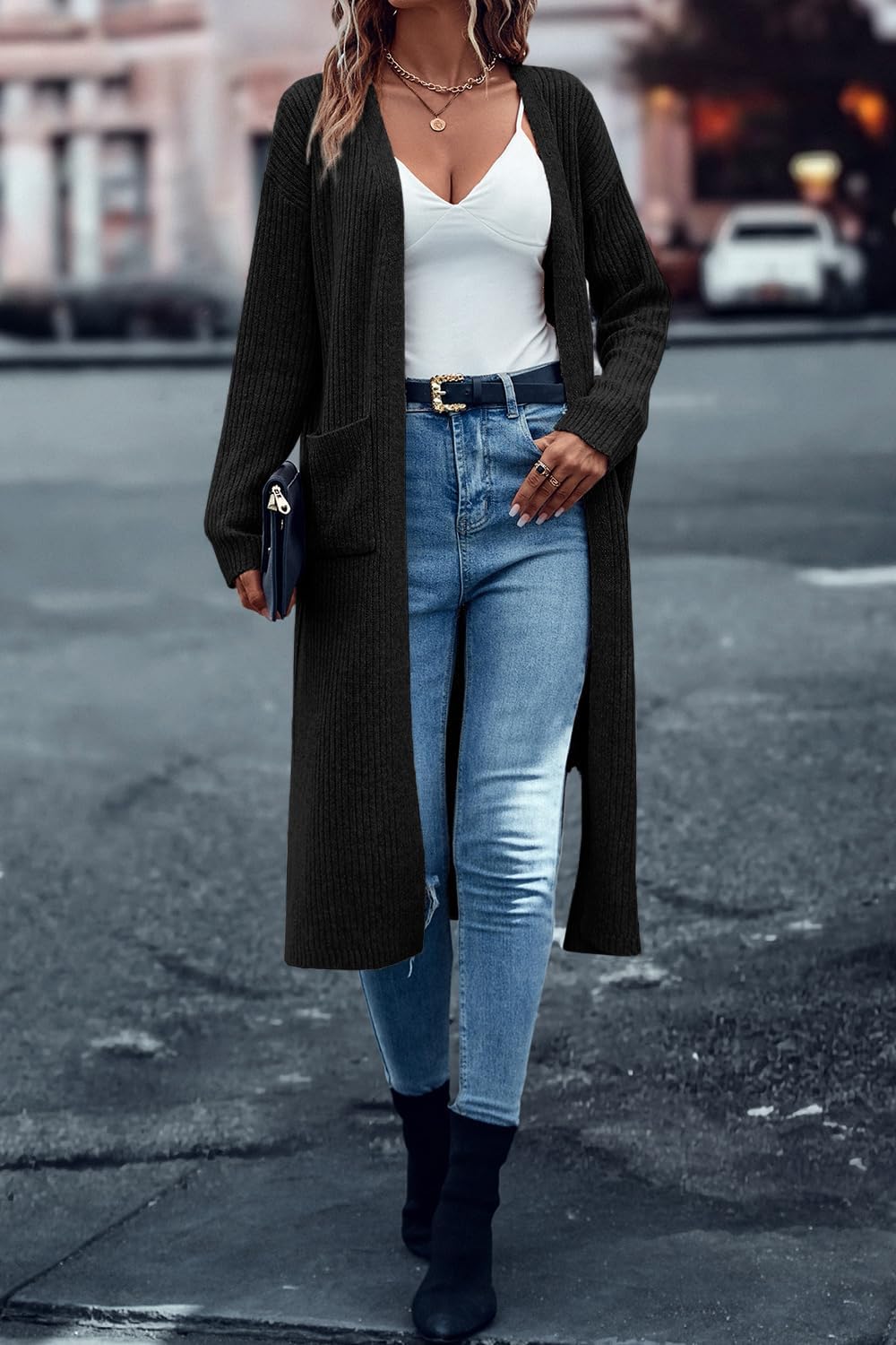 Danedvi Long Cardigan Sweaters for Women Ribbed Knit Open Front Long Sleeve Oversized Fall Casual Coat with Pockets - Image 2