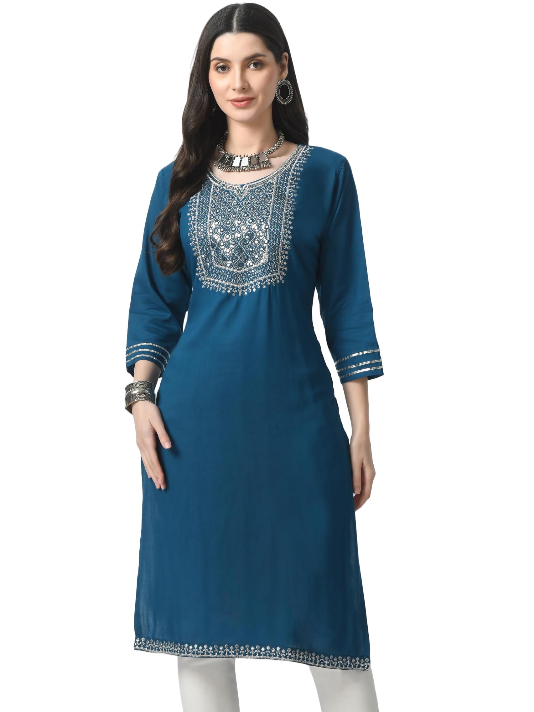 Roadster Kurta for Women â€“ Embroidered Ladies Kurti, Stylish Girls Top, Ethnic Full Kurtas, Straight Design Kurtis for Woman in neutral