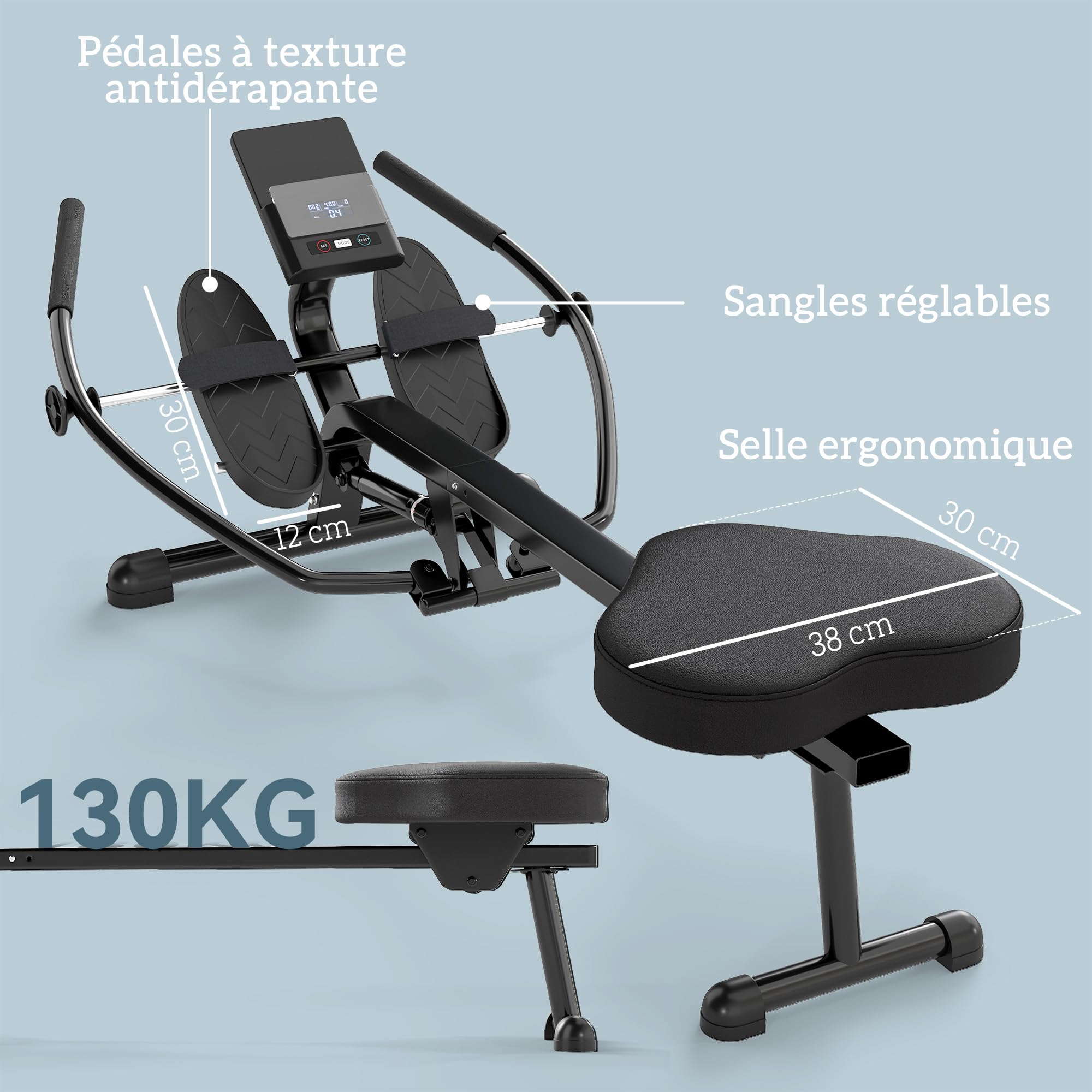 SPORTNOW Wioślarz hydrauliczny z 12 poziomami oporu Wioślarz z ekranem LCD i antypoślizgowym pedałem, maksymalne obciążenie 130 kg, trening cardio w domu, czarny