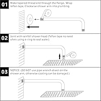 Vista 7 de Voolan Brazo de ducha con brida y cinta de teflón, brazo de extensión de cabezal de ducha para cabezal de ducha fijo de baño, acero inoxidable