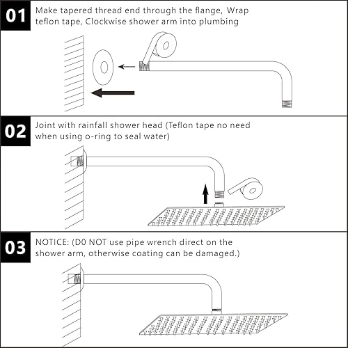Miniatura 7 de Voolan Brazo de ducha con brida y cinta de teflón, brazo de extensión de cabezal de ducha para cabezal de ducha fijo de baño, acero inoxidable