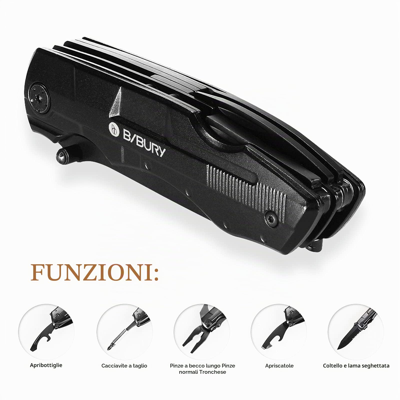 BIBURY Multitool, Coltello Multiuso, 5 in 1 Coltello Multifunzione in Acciaio Inossidabile, Pinza Multiuso con Coltello, Pinze, Cacciavite per Campeggio, Fai-da-te, Escursionismo, Caccia e Pesca
