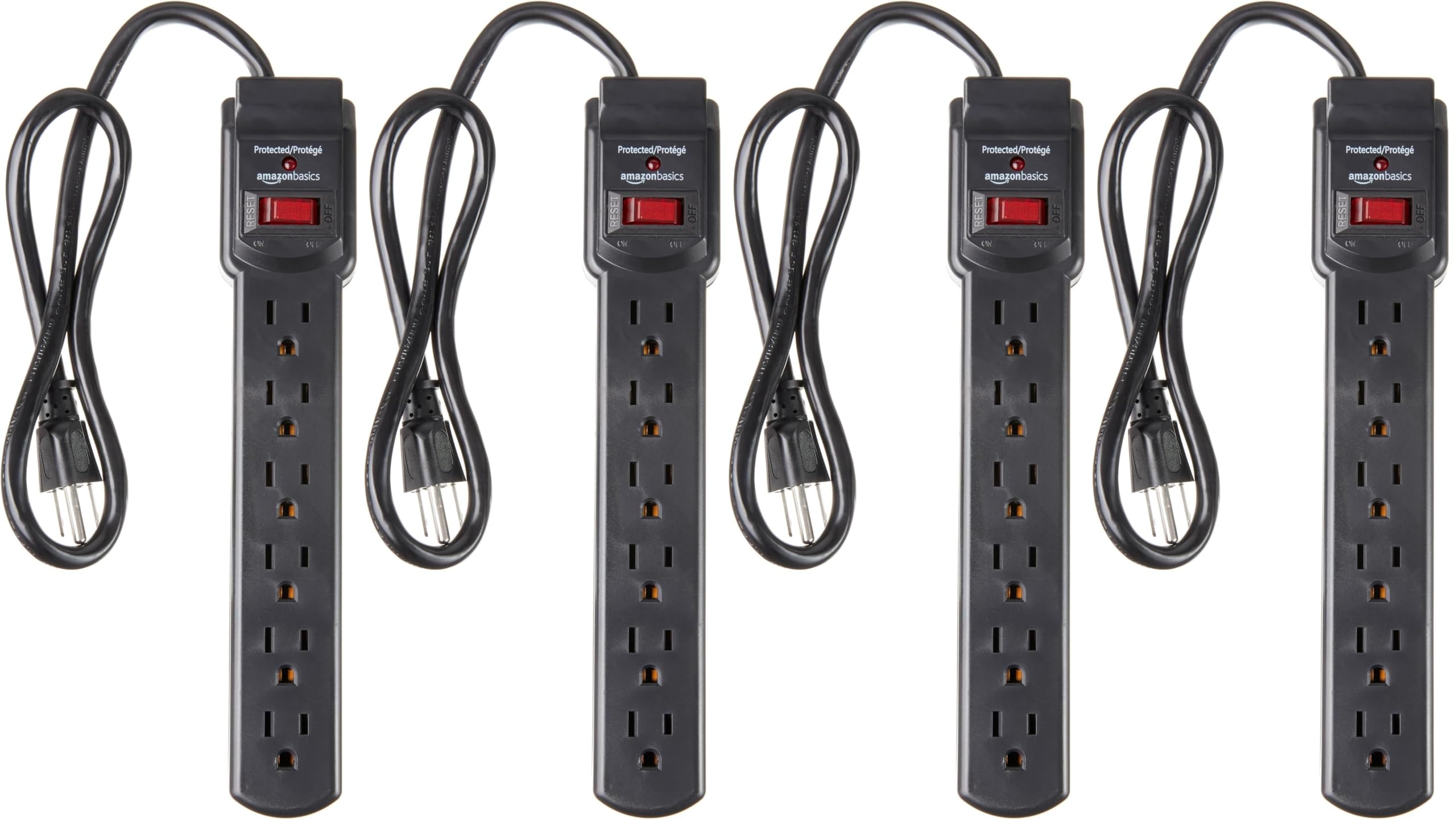 Amazon Basics 6-Outlet Surge Protector Power Strip with 200J Protection, Circuit Breaker, 2ft Extension Cord, Black, 4-Pack