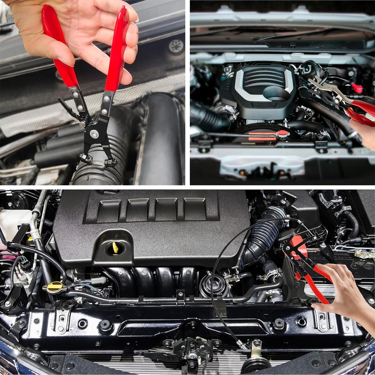 Eqivei Lot de 4 pinces à collier de serrage pour voiture, comprend une pince à ressort long, une pince à collier de serrage, une bande plate et une pince coudée, un extracteur de tuyau (kit de pinces