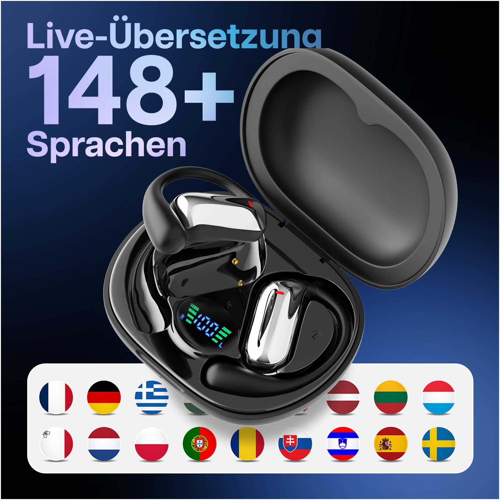 MMOBIEL KI Übersetzer Ohrhörer Echtzeit 148 Sprachen mit App (Android & iOS) –Bluetooth 5.1 Open-Ear AI Übersetzungskopfhörer – Unterstützt Musik & Anrufe - Ideal für Reisen, Business & Lernen