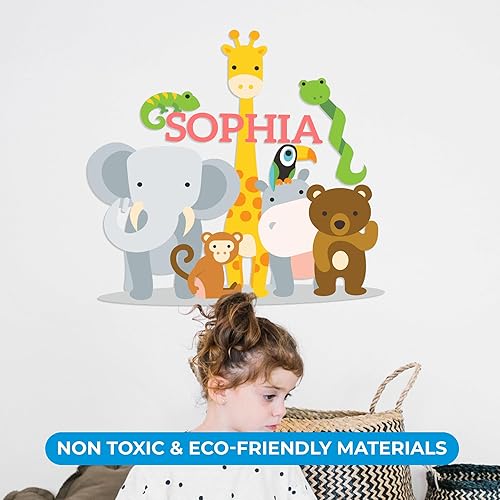 Miniatura 6 de Calcomanía de pared de vinilo con nombre personalizado de animales de la selva, decoración de pared para bebé, niño y niña, calcomanías I para