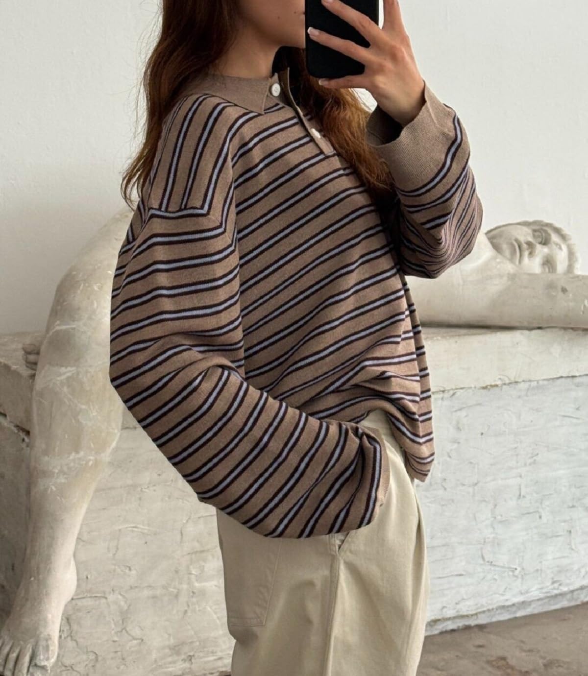 Y2k Striped Rugby Shirt for Women Long Sleeve Collared V Neck Preppy Polo Sweatshirt Casual Oversized Pullover Tops - Image 3