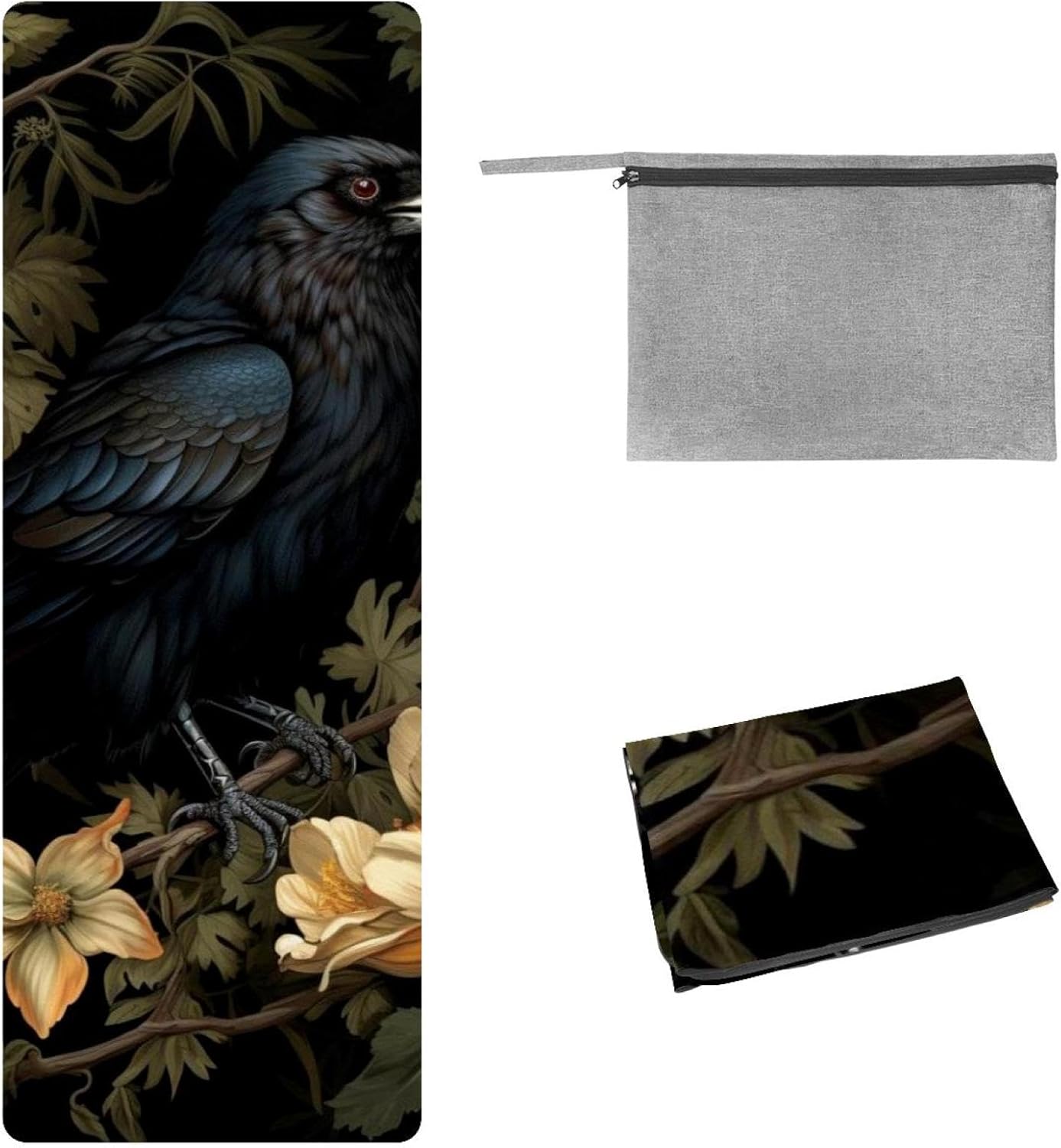 Yoga Towel, Black Crow Pattern Non Slip Sweat Absorbent Hot Yoga Mat Towel for Hot Yoga, Pilates and Fitness - 72.8" x 26.8"