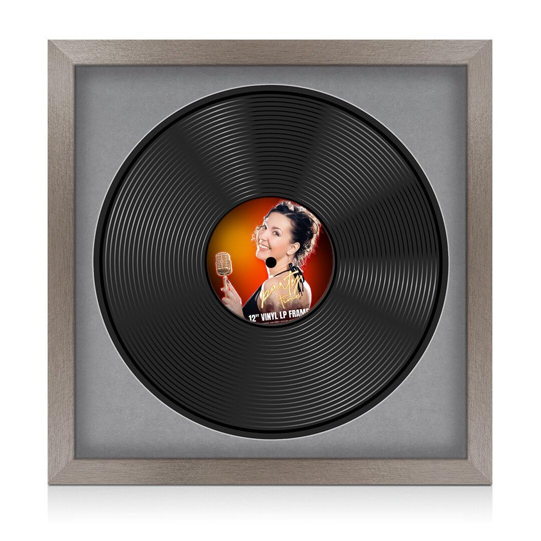 Procut Global 16x16" Walnut Vinyl Record Frame for 12 Inch LP Disc- Round Modern Display Photo Frame for Vinyl CD Records - Engineered Wood with Shatterproof Perspex Front - Mid Grey Mount