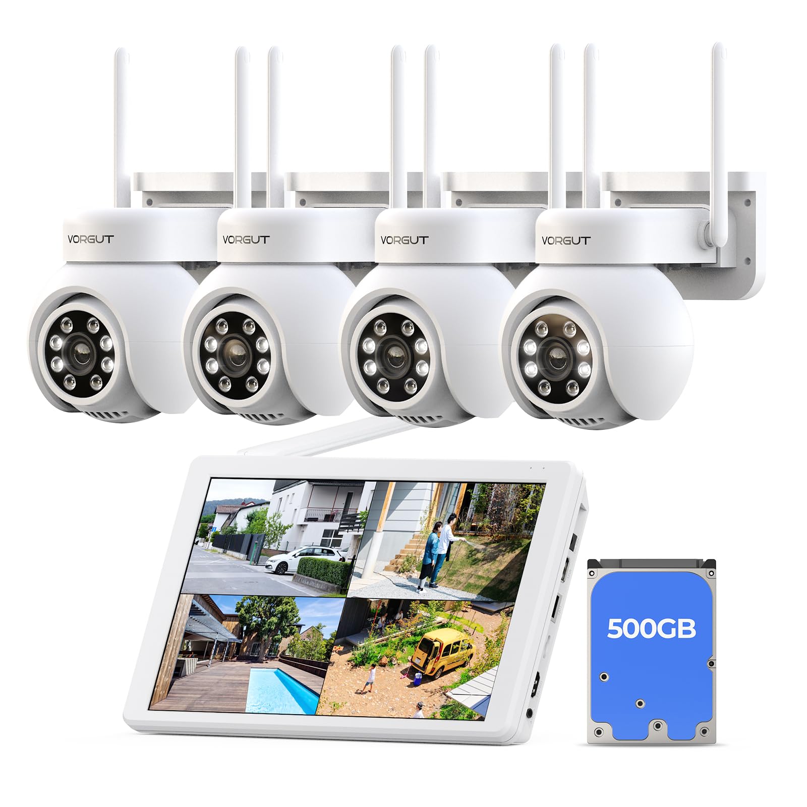 VORGUT Wireless Security Camera System with 10" Monitor, 4X 3MP PTZ Camera