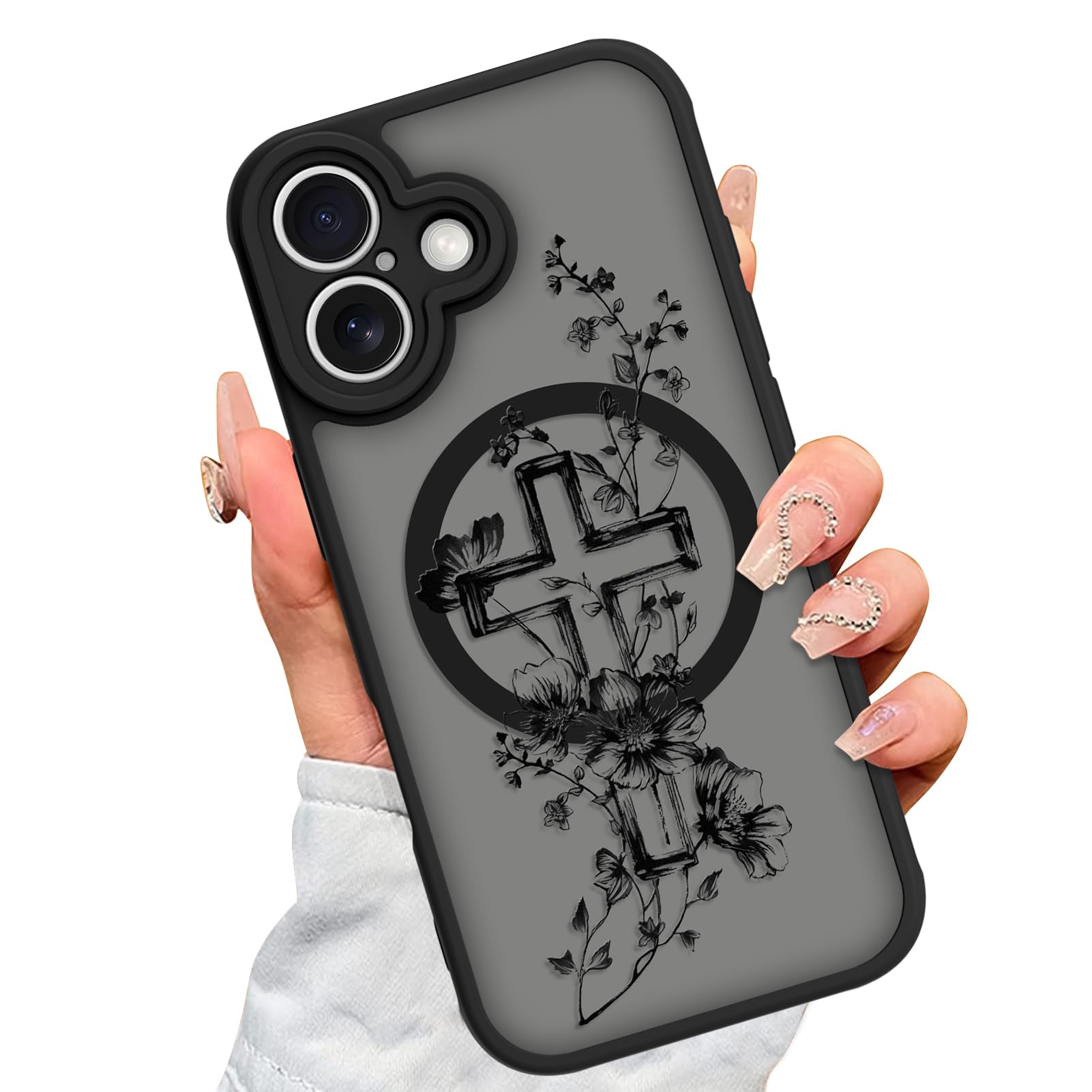 AIGOMARA Custodia magnetica per iPhone 16 Plus - Nero, fiore cristiano | [Compatibile con MagSafe] Cover posteriore rigida in morbido TPU anti-caduta antiurto elegante motivo floreale sottile