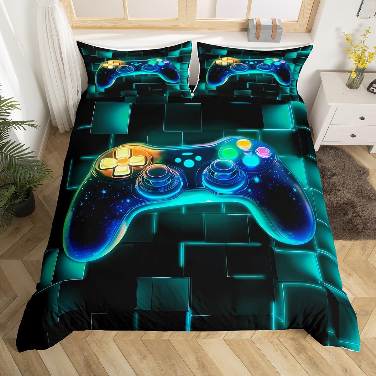 Homewish Boys Gaming Duvet Cover Double, Kids Blue Gamer Bedding Set Black Reversible, Galaxy Video Games Gamepad Quilt Cover Neon Square Geometric Grid Bed Sets with 2 Pillowcases