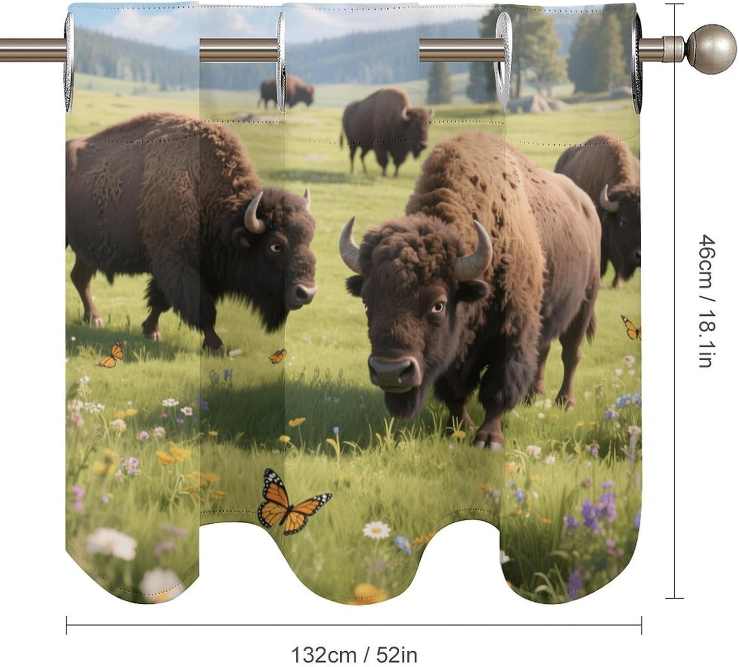 Bison Roaming The Grasslands Curtain 2 Panels, Polyester Fiber, Blackout Insulated Window Curtain, Curtain Valance for Kitchen Dining Room Living Room Cafe Small Window 52 * 18.1 Inches