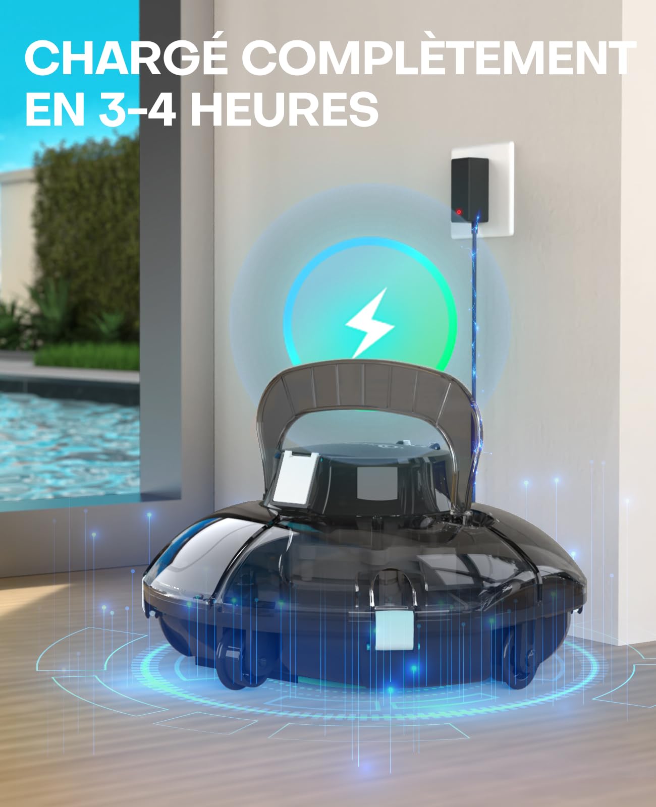 WINNY POOL CLEANER Winny 200 Robot Piscine, Aspirateur Piscine Sans Fil Avec Batterie, Autonomie 75 Min pour Piscines Hors-Sol 60m², Double Filtration,Stationnement Automatique(Transparent Noir-Blanc)