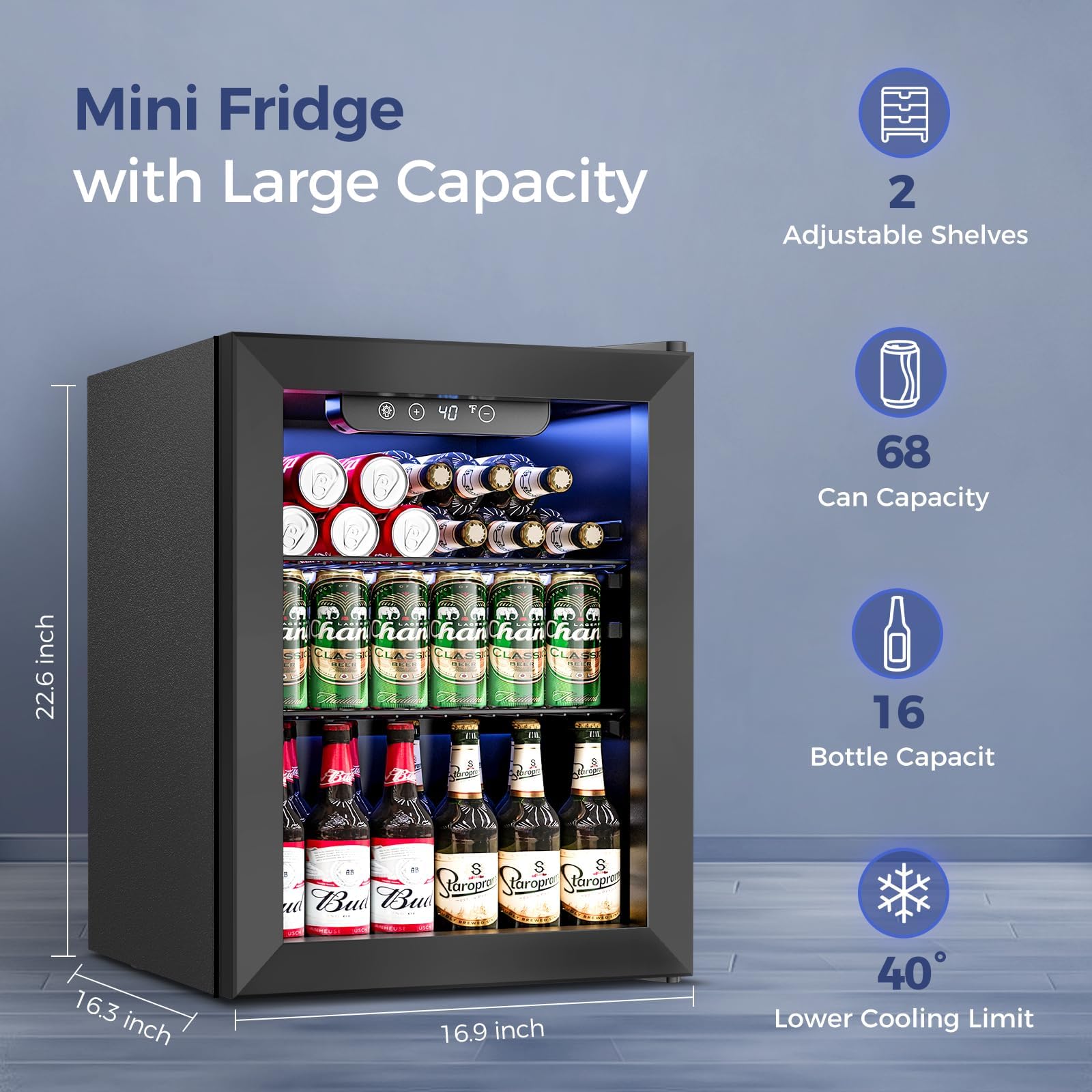 Feelfunn Beverage Refrigerator Cooler - 16 Bottle 68 Can Mini Fridge With Glass Door, Soda Wine Beer Drink Fridge - Small Refrigerator For Office Home Bedroom Dorm Bar, 1.7 Cu.Ft, Black on Fridge.com - View 2