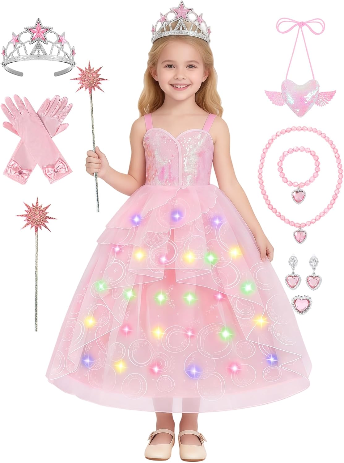 Girls Good Witch Costume Kids Princess Pink Tulle Dress Birthday Party Dress Up Set Halloween Costume