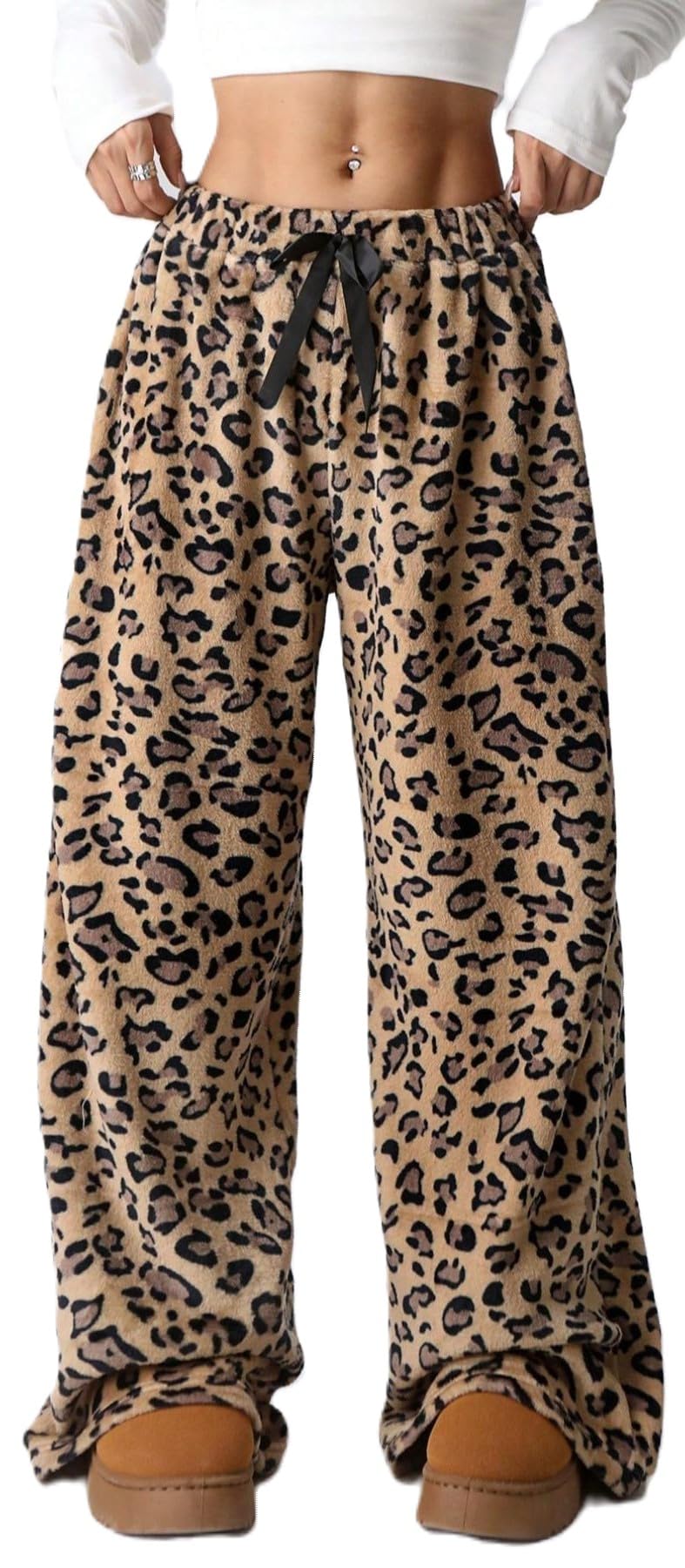WINKEEY Pantaloni Pigiama Donna Invernali in Flanella Pantaloni comodi e morbidi in pile con stampa leopardata per la casa