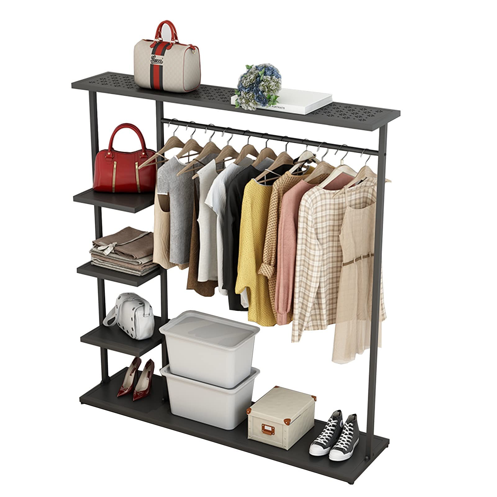 Kleiderständer Modernes schwarzes Schmiedeeisen, bodenstehender Kleiderständer mit 4-stöckigem Ablagefach und Kleiderstange, einfacher Kleiderschrank für Schlafzimmer, 3 Größen (Size : 150x40x155CM)