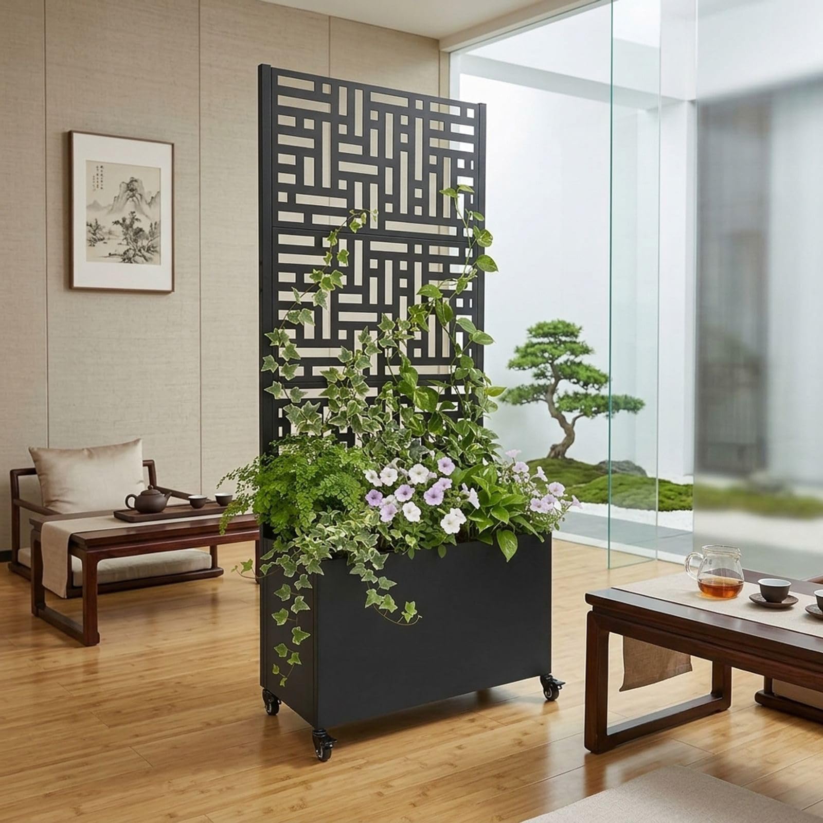 Jardinera con protección visual, enrejado con ruedas, 82 x 38 x 190 cm