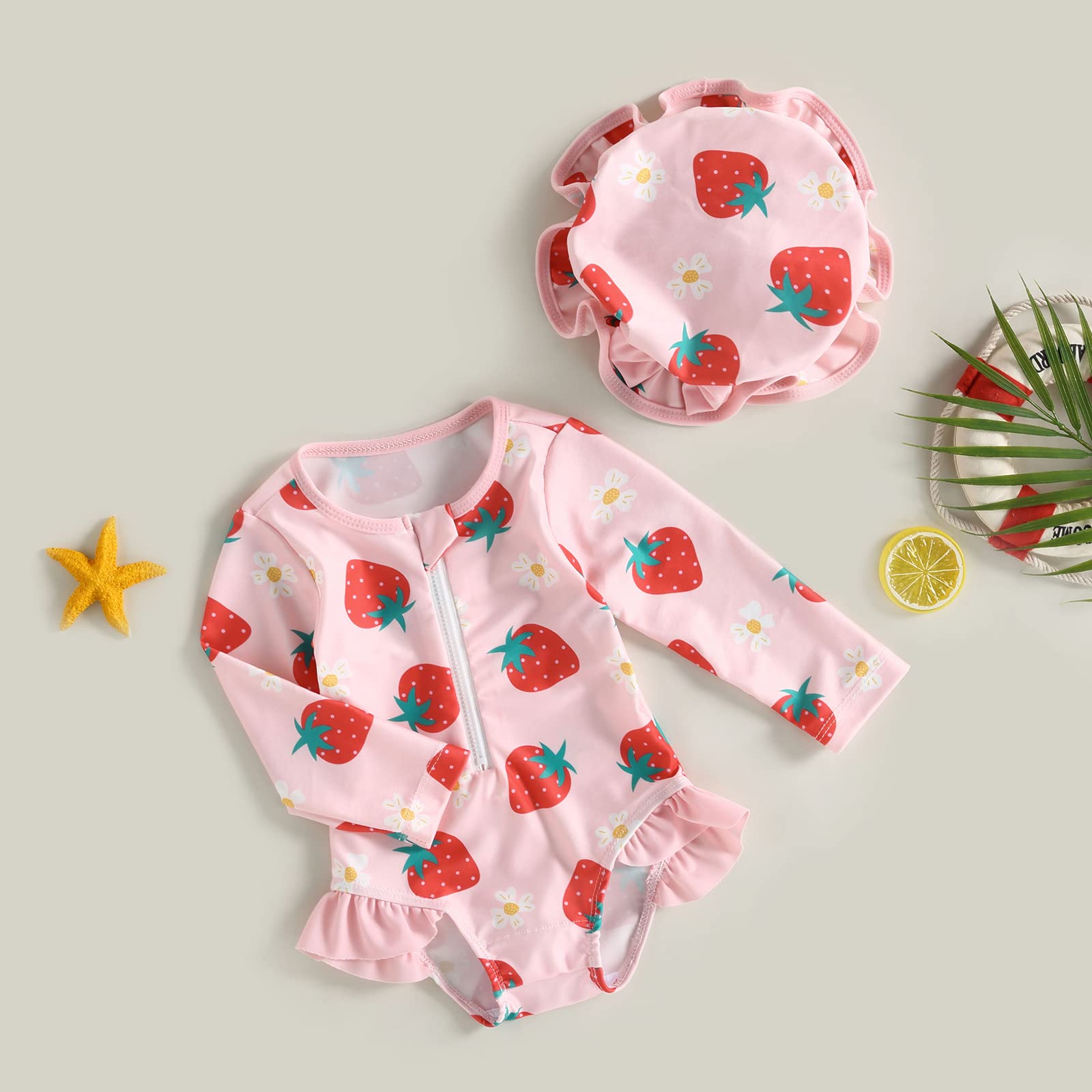 BULINGNA Infant Baby Girl Summer Long Sleeve Rash Guard Zip Up Strawberry Floral One Piece Swimsuit with Hat Bathing Suit (Strawberry, 6-9 Months)